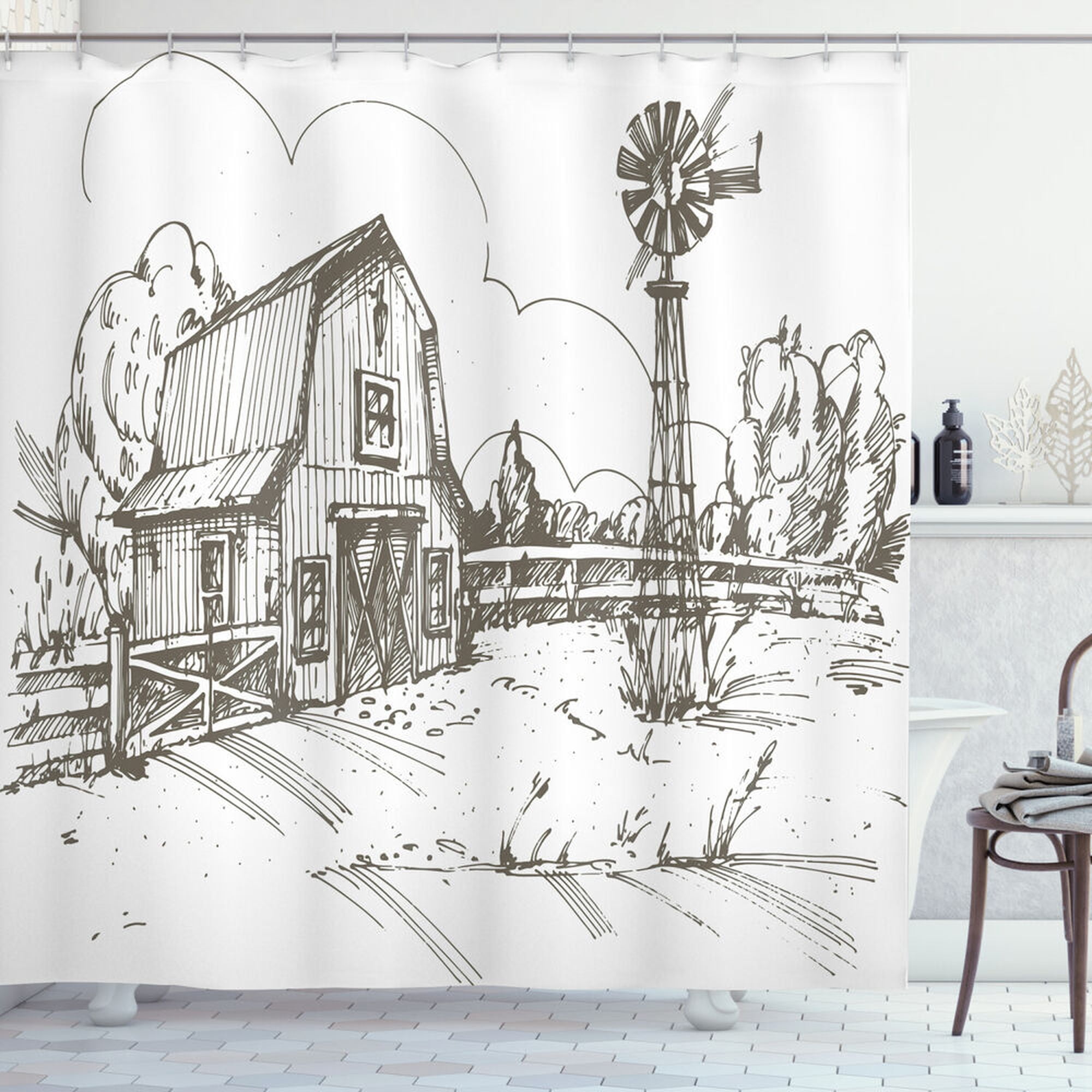 Inpercust Rustic Barnyard Windmill Shower Curtain Vintage Farmhouse