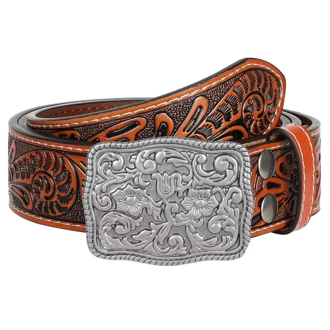 JASGOOD Men Women Western Belt Cowboy Floral Embossed Leather Belts