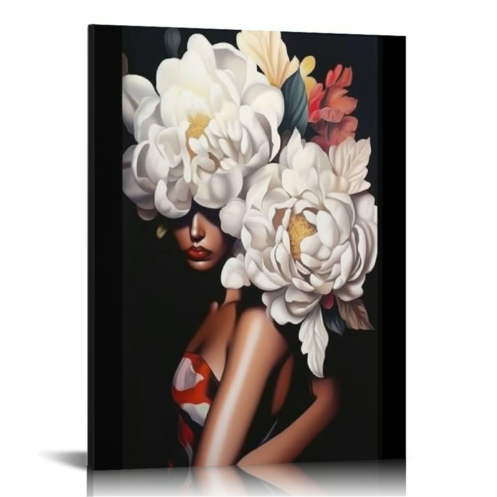 JEUXUS African American Wall Art White Flower On Black Women Head