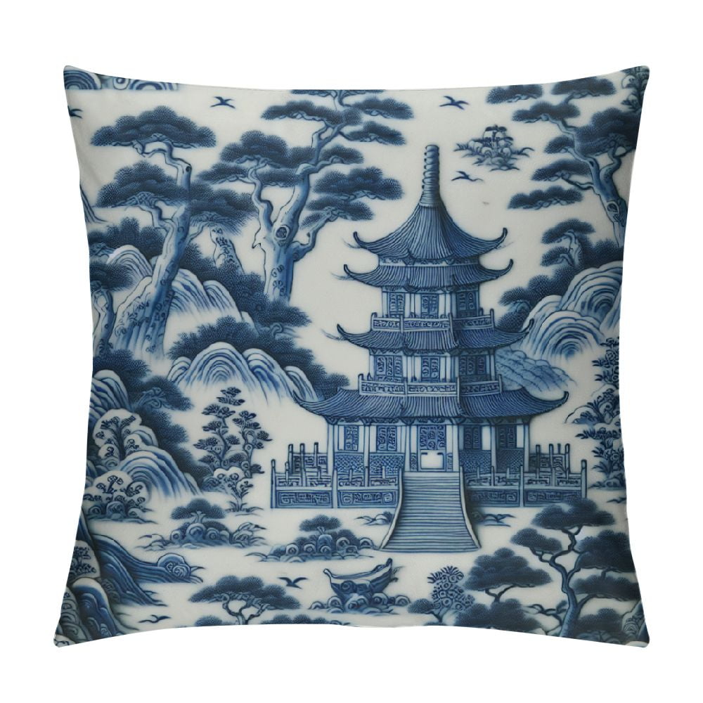 Jeuxus Blue And White Chinoiserie Pagoda Throw Pillow Cover Set Of