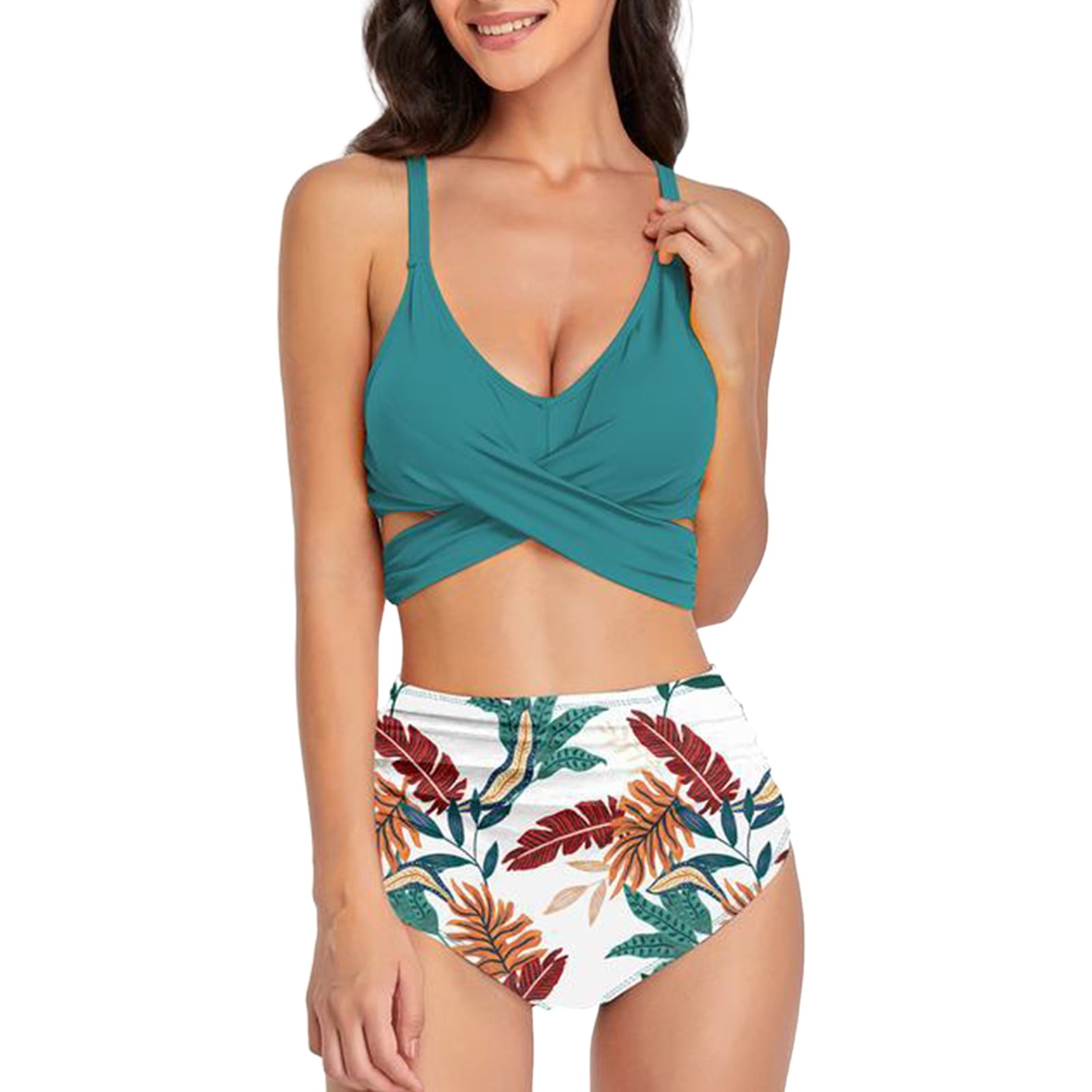 Jhgabsa Women Bikini Set Leaf Printed Sleeveless Two Piece Beach