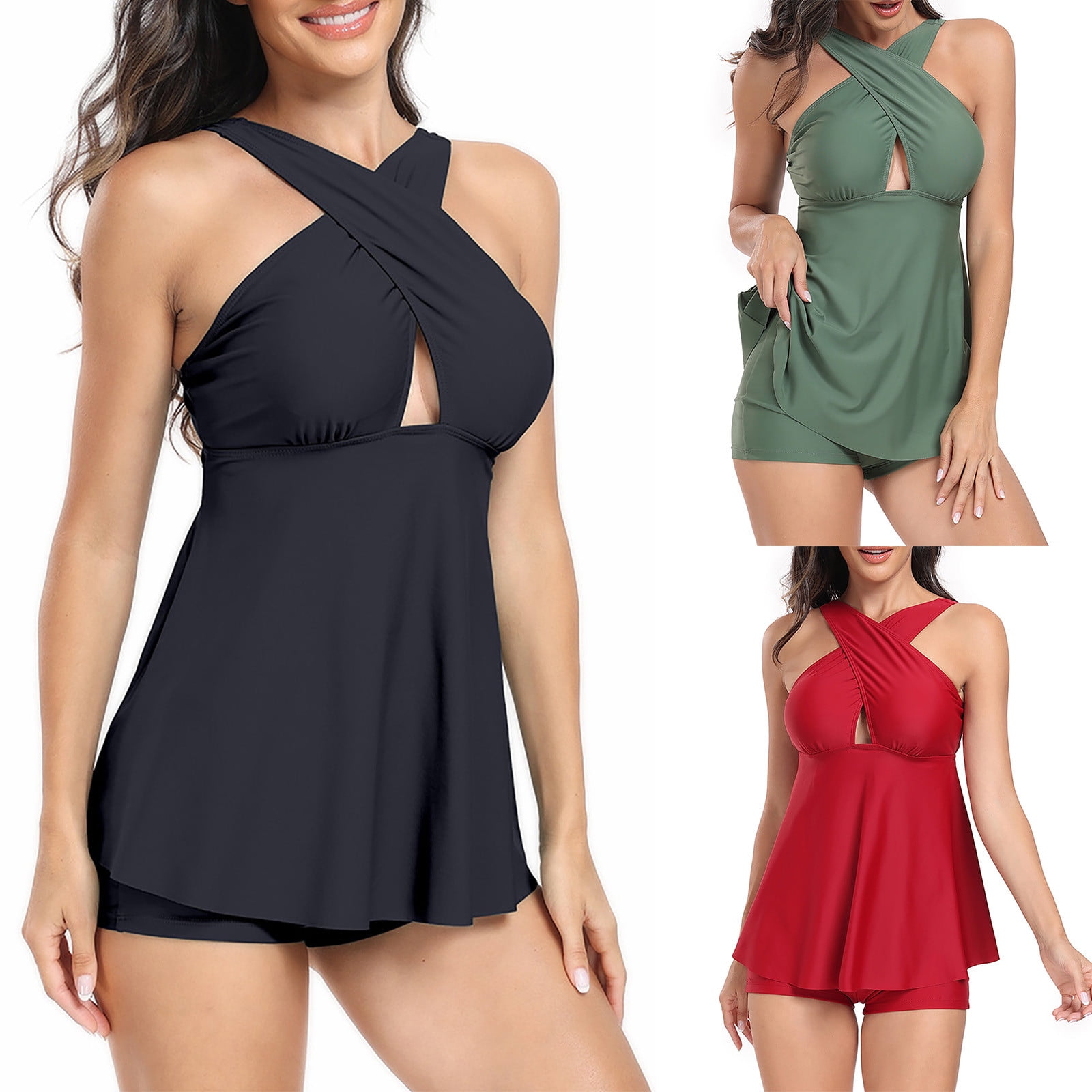 Jacenvly Plus Size Swimsuit For Women Swimdress Two Piece Swimwear With Flared Skirt Bikini