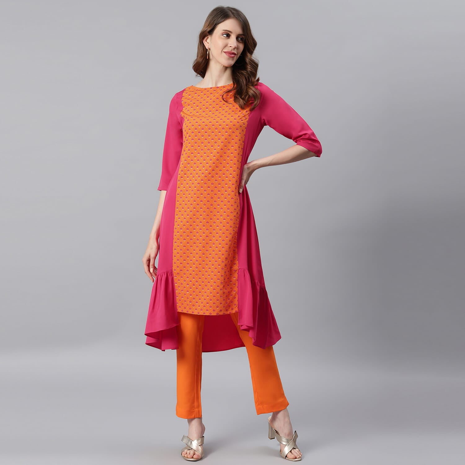 Janasya Indian Round Neck 3 4 Sleeve Floral Print Orange Poly Crepe