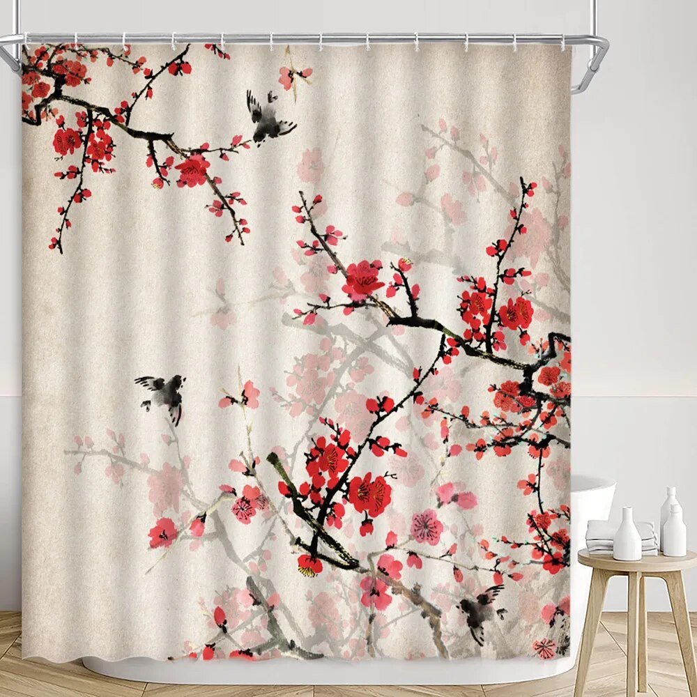 Japanese Shower Curtain Traditional Ink Painting Cherry Blossom Red Sun