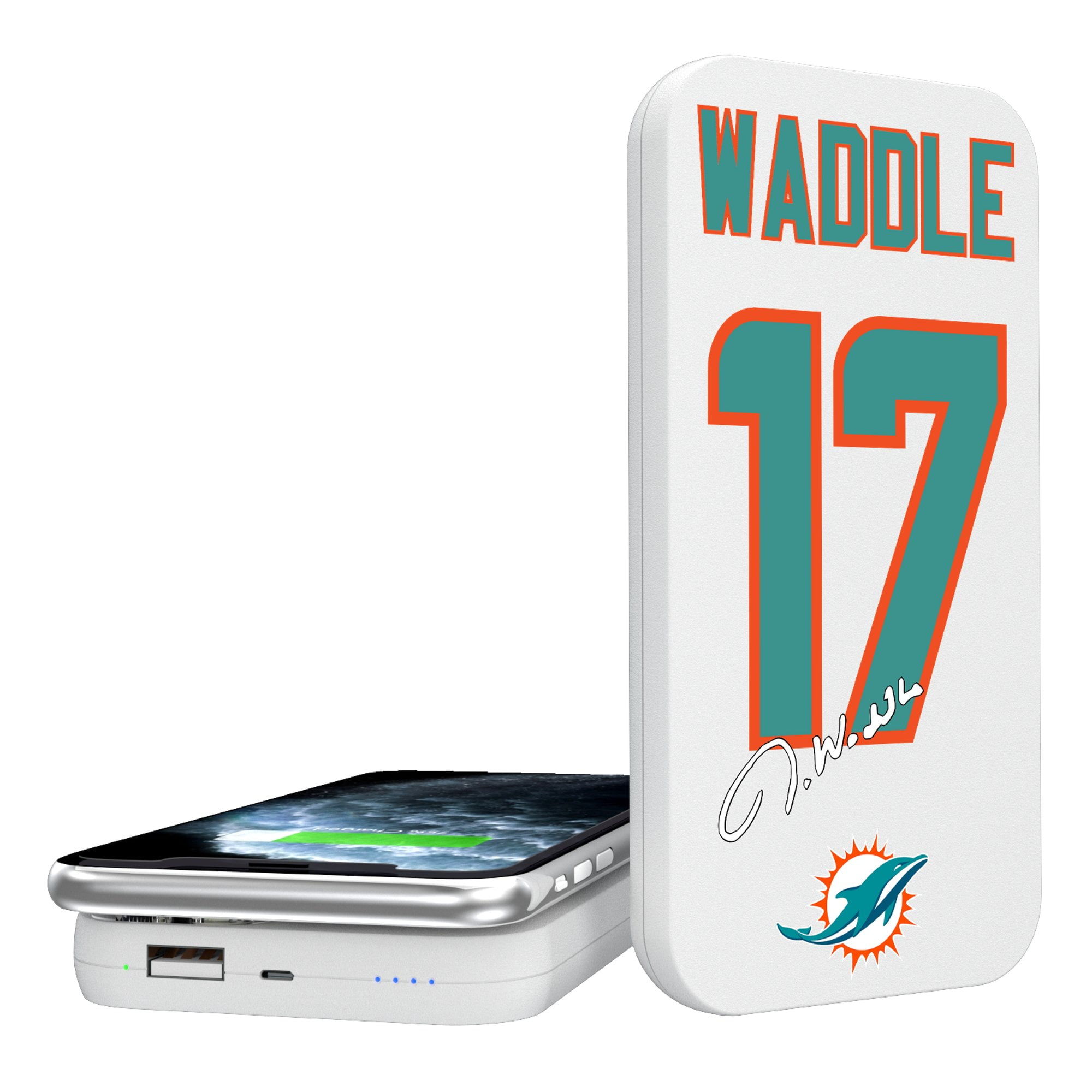 Keyscaper Jaylen Waddle White Miami Dolphins 5000 MAh Wireless Charging