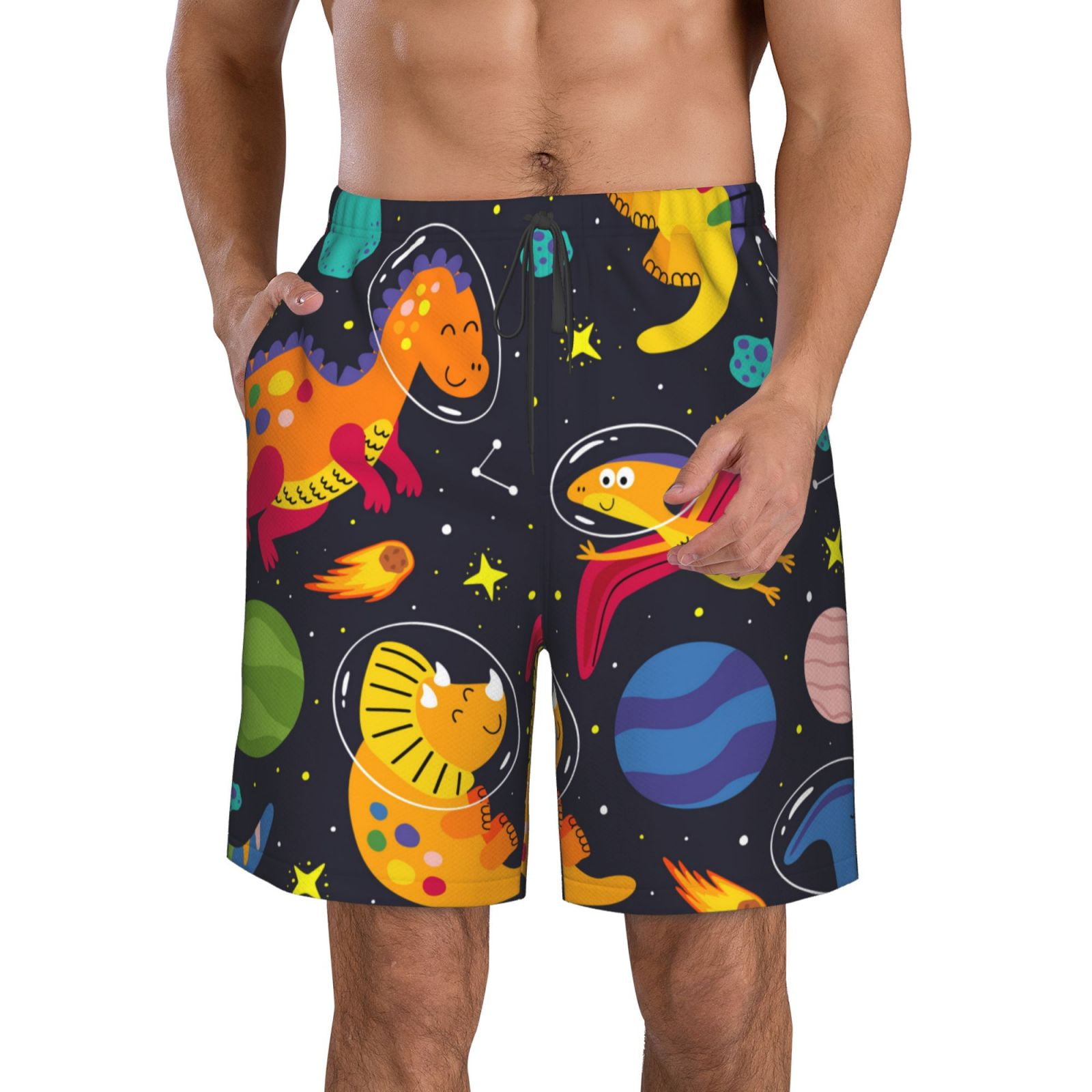 Kll Dinosaurs In Space Men S Casual Summer Beach Shorts Hawaiian Shorts