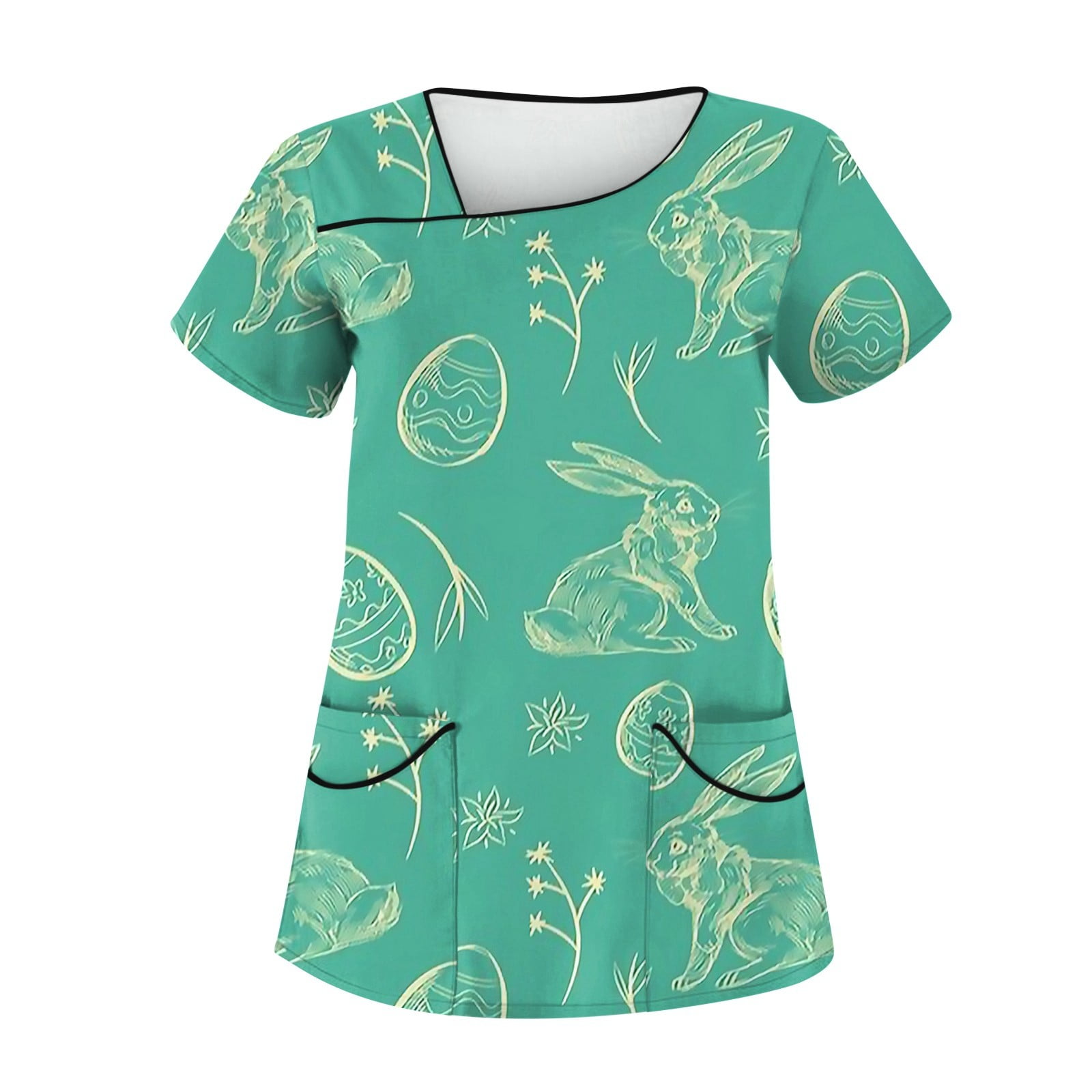 Knosfe Easter Scrub Top Rabbit Short Sleeve Easter Day V Neck Easter