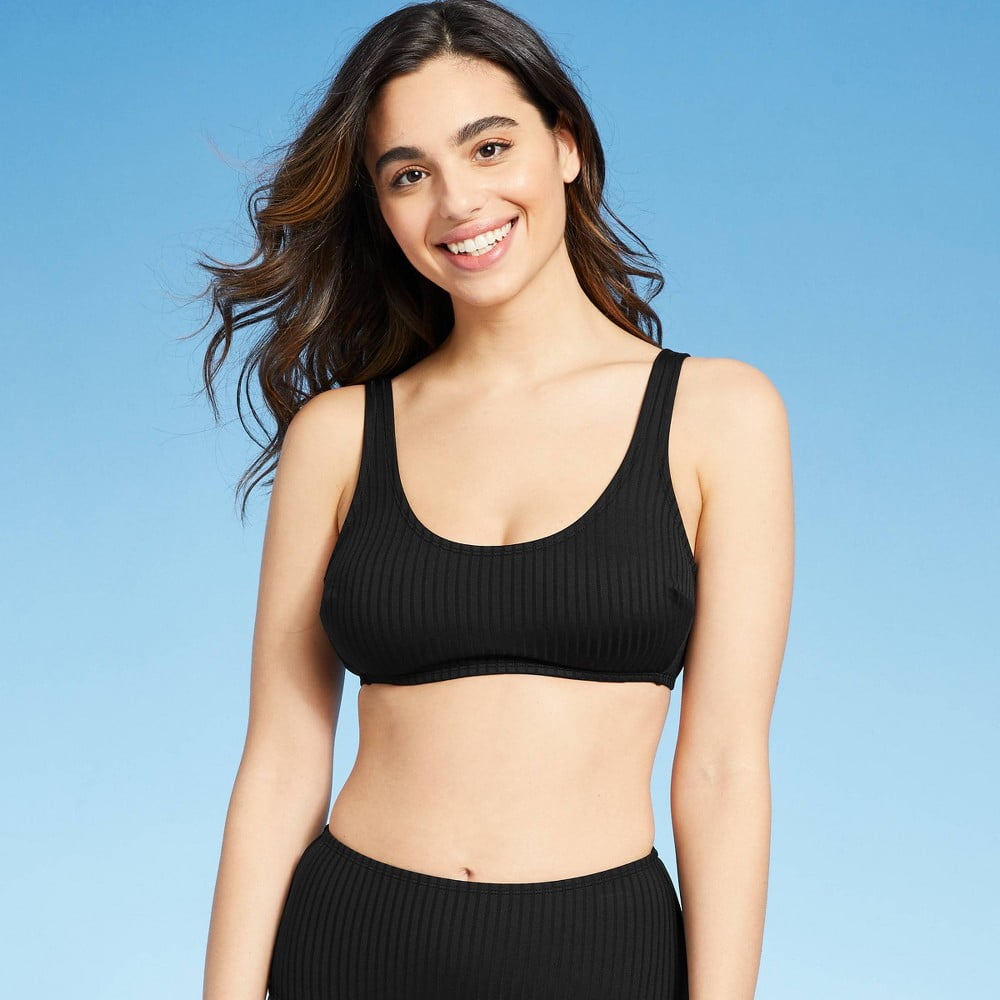 Kona Sol Women S Ribbed Textured Scoop Bikini Top XL Black Walmart