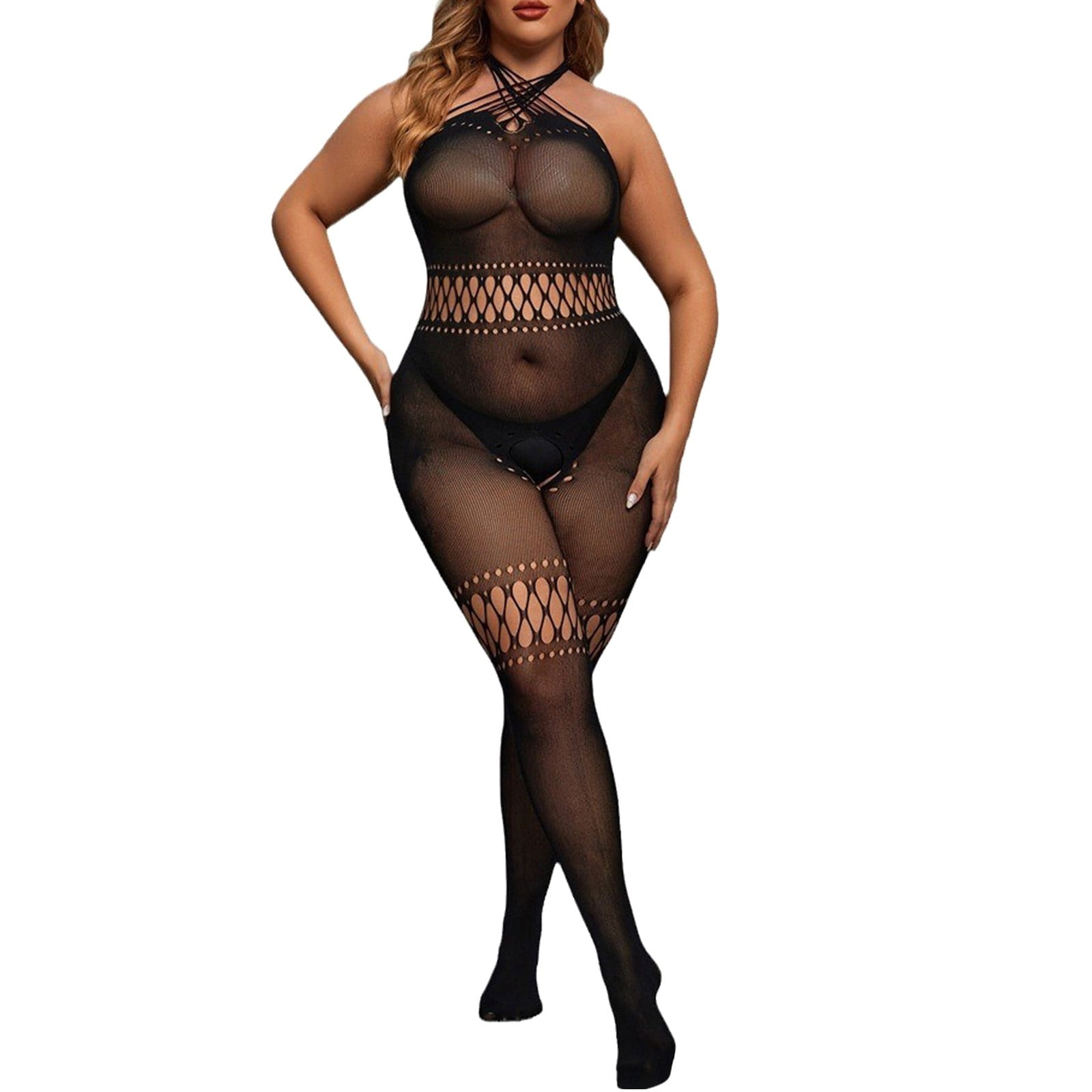 Lbecley Fishnet Tights For Women Fashion Halter Lingerie Plus Size Mesh