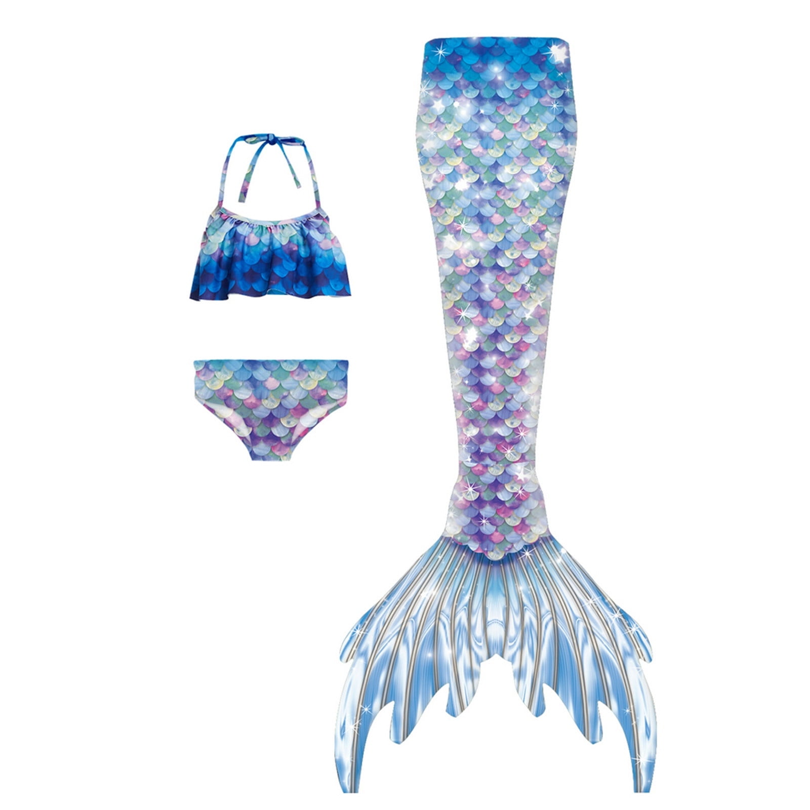 Liipee Girls Swimwear Summer Fall Piece Fish Scale Printed Halter Neck Bikini With Fish Tail