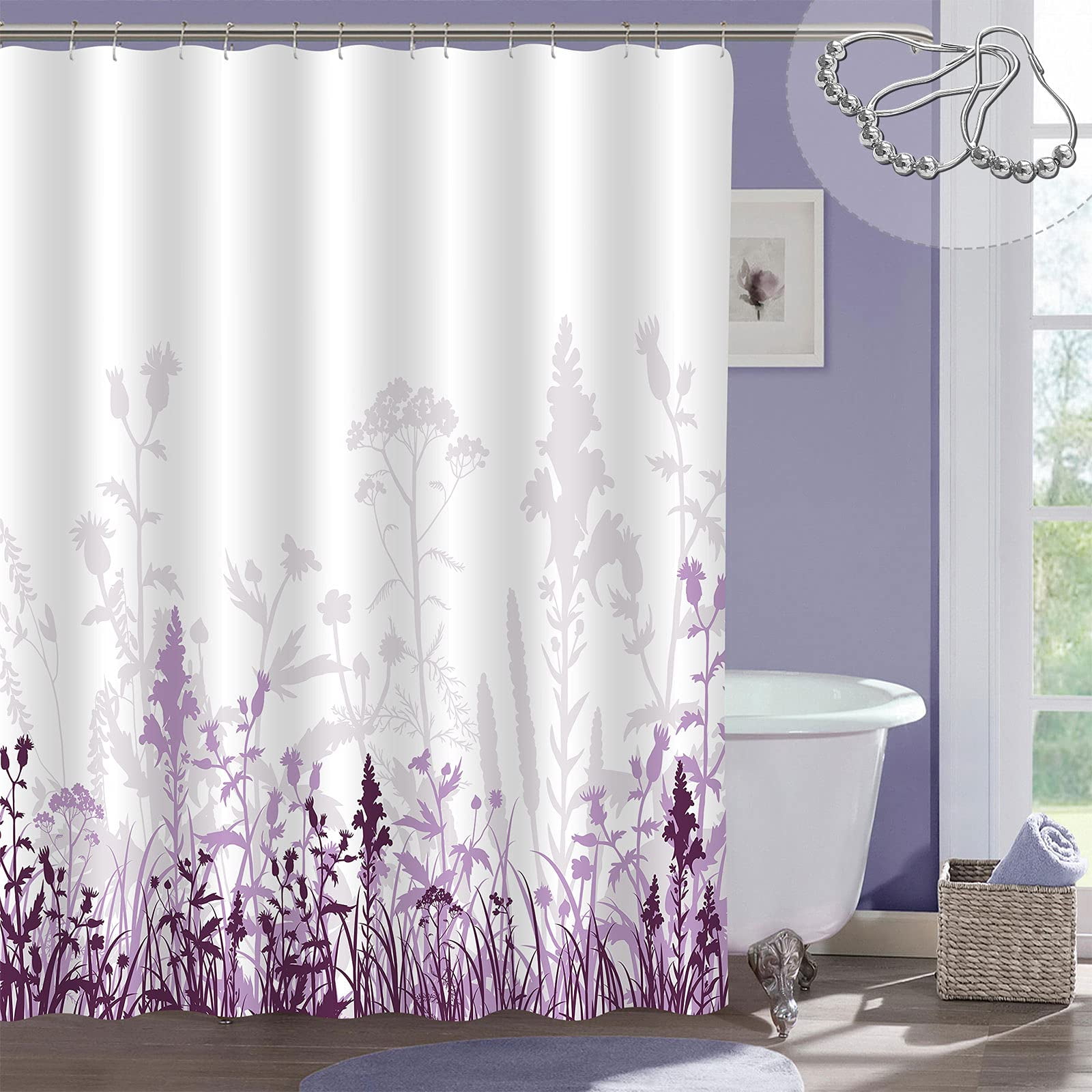 Lavender Shower Curtain With Hooks Waterproof Polyester Fabric Purple