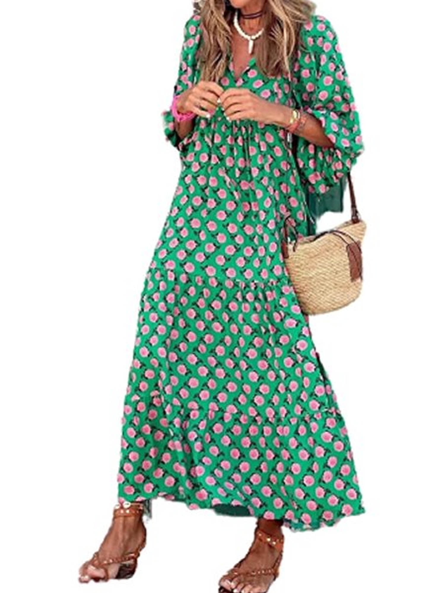 Licupiee Women Boho Floral Puff Sleeve Tiered Maxi Dress Casual Layered