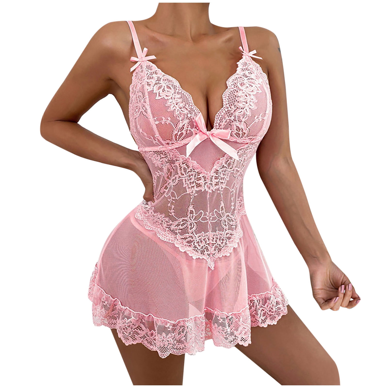 Lingerie For Women Lace Babydoll Chemise V Neck Nightwear Sexy Mesh