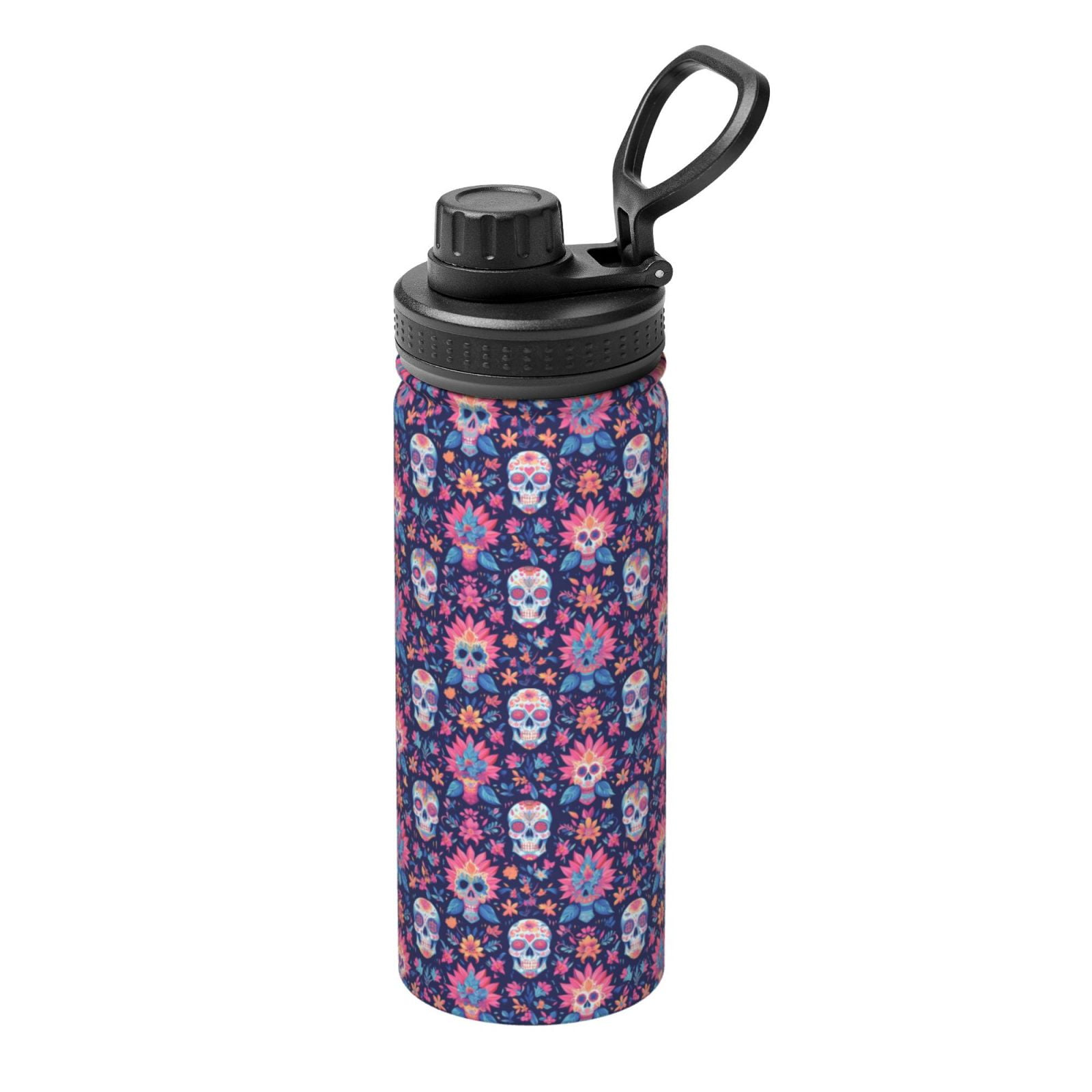 Logiee Leaf Flower Skull Colorful Print Water Bottle 18oz Sports