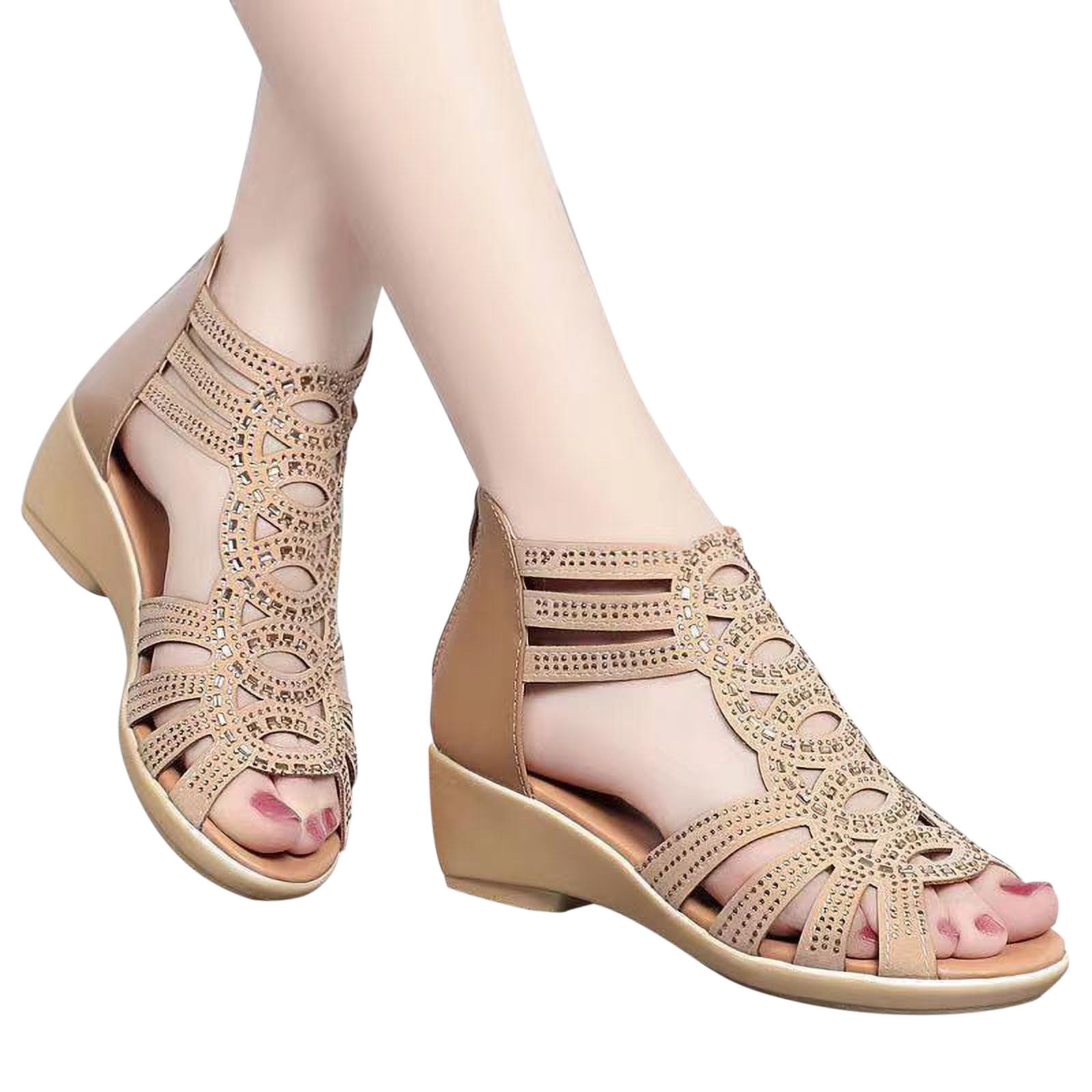 Lovskoo 2024 Wedge Sandals For Women Bohemian Rhinestone Open Toe Roman