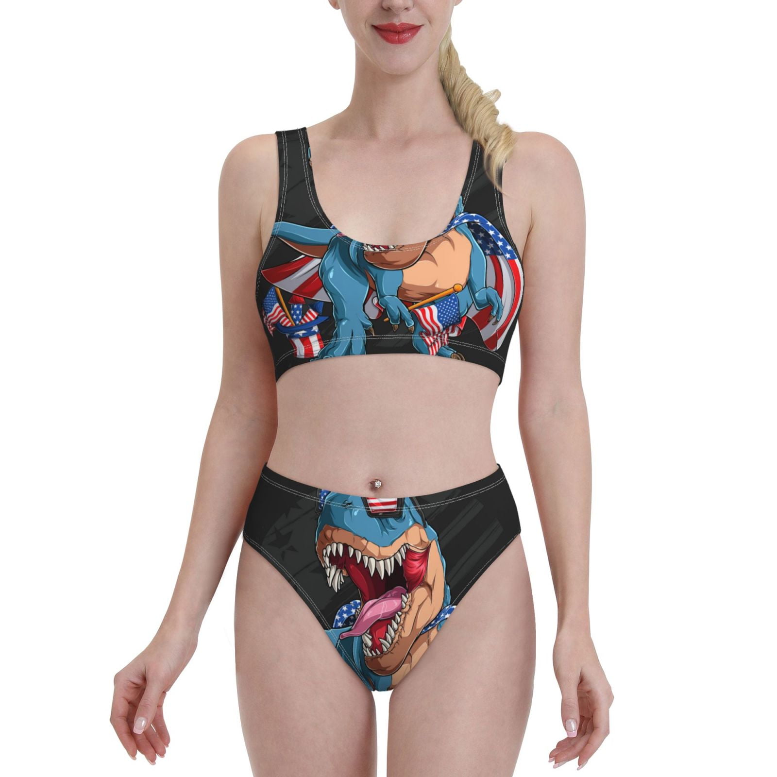 Lukts Women High Waisted Bikini Set Blue Dinosaur Swimsuit Piece