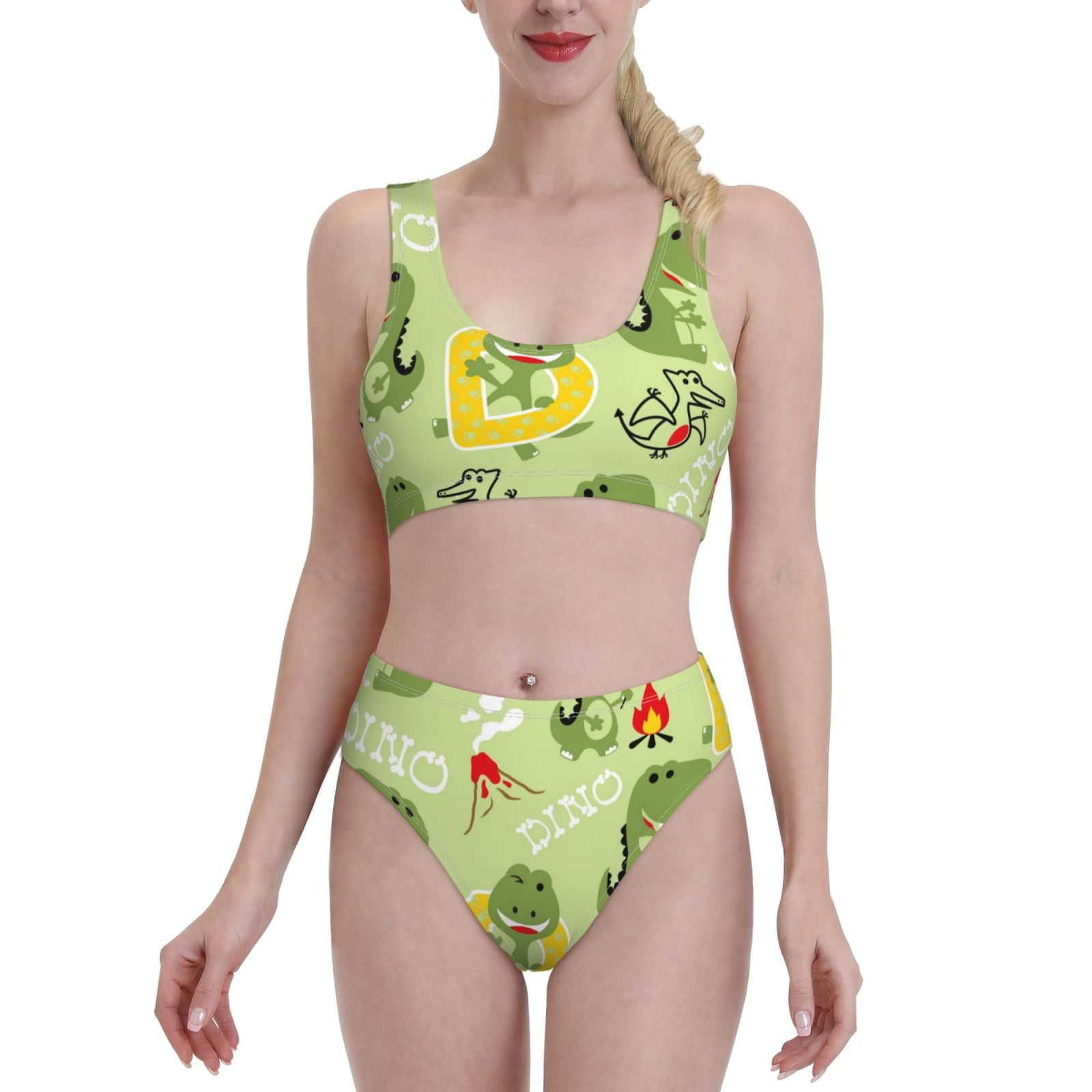 Lukts Women High Waisted Bikini Set Cute Dinosaurs Cartoon Swimsuit 2