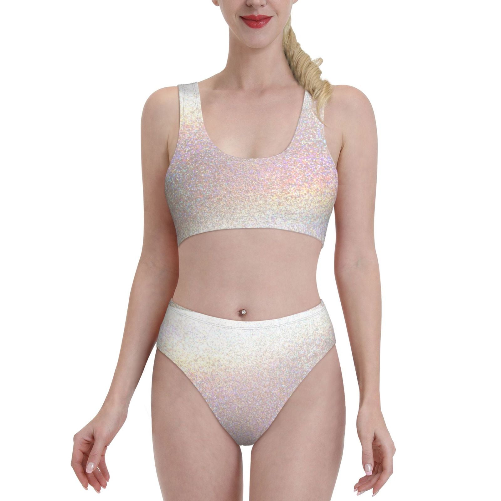 Lukts Women High Waisted Bikini Set Glitter Light Pearl Swimsuit 2