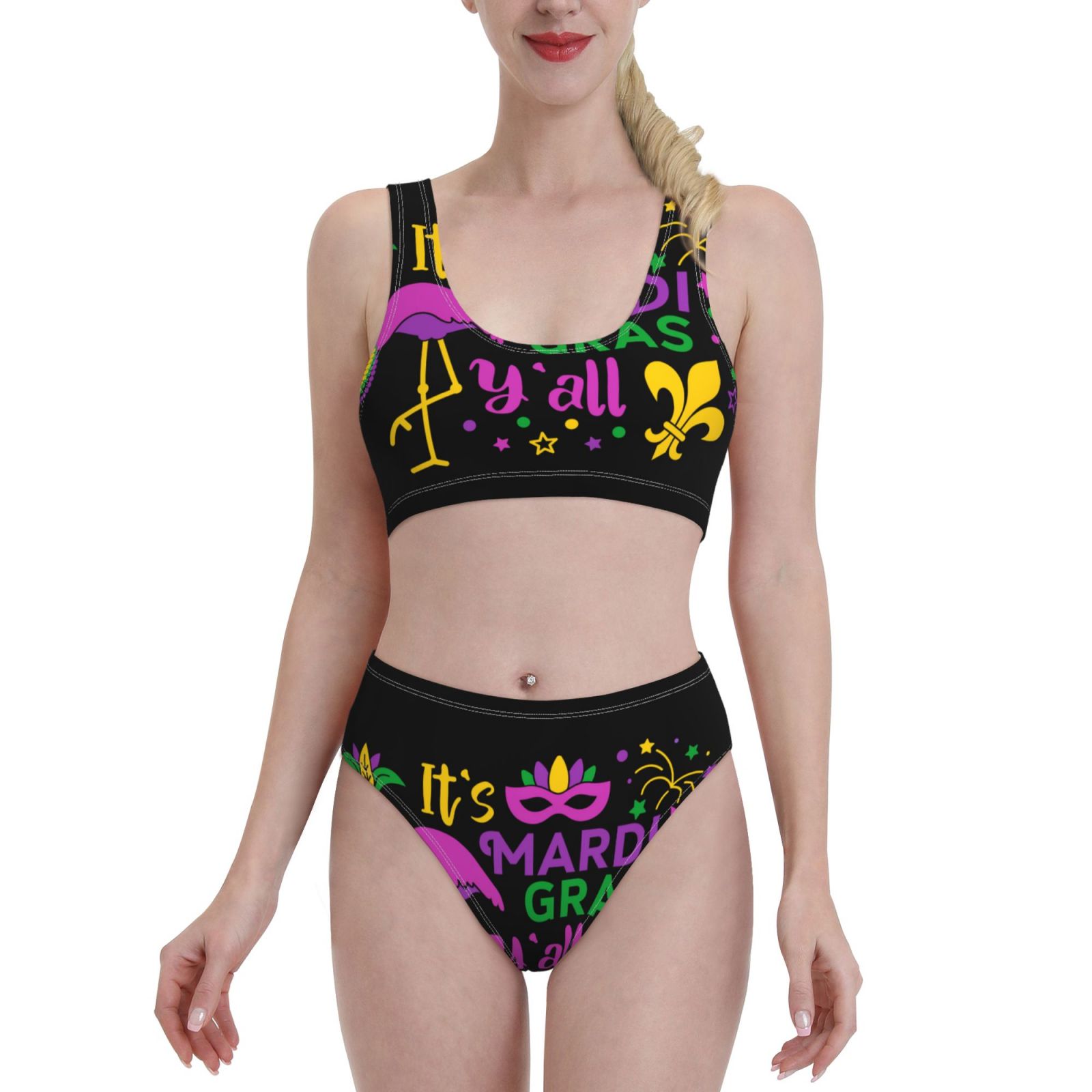 Lukts Women High Waisted Bikini Set Mardi Gras With Flamingo Swimsuit 2
