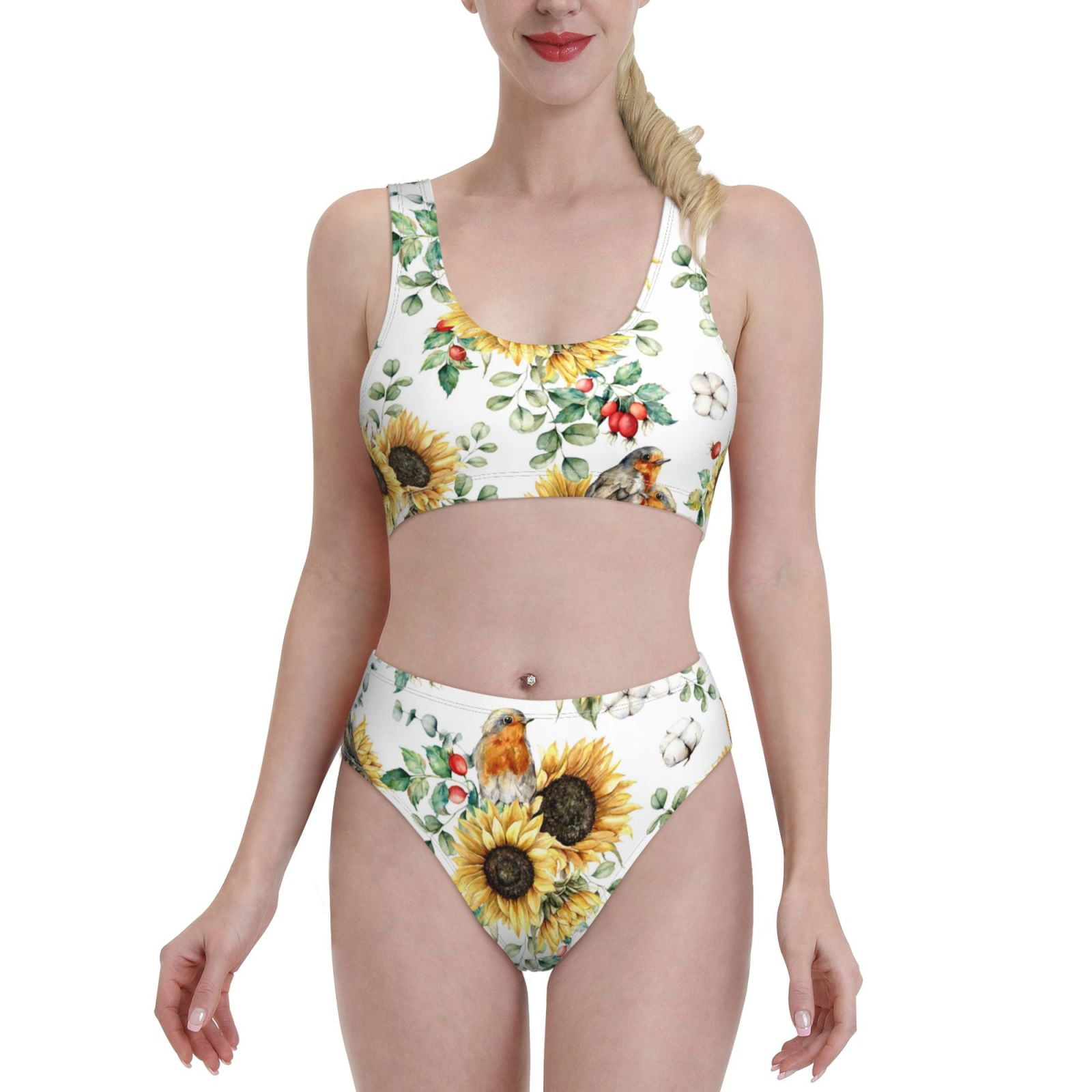 Lukts Women High Waisted Bikini Set Sunflowers Leaves And Birds