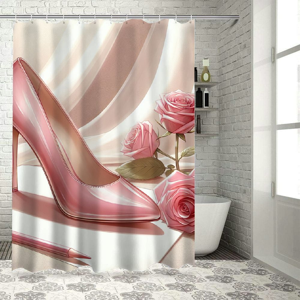 Lzatpd Fashion High Heeled Shoes Shower Curtain Pink Rose Flowers