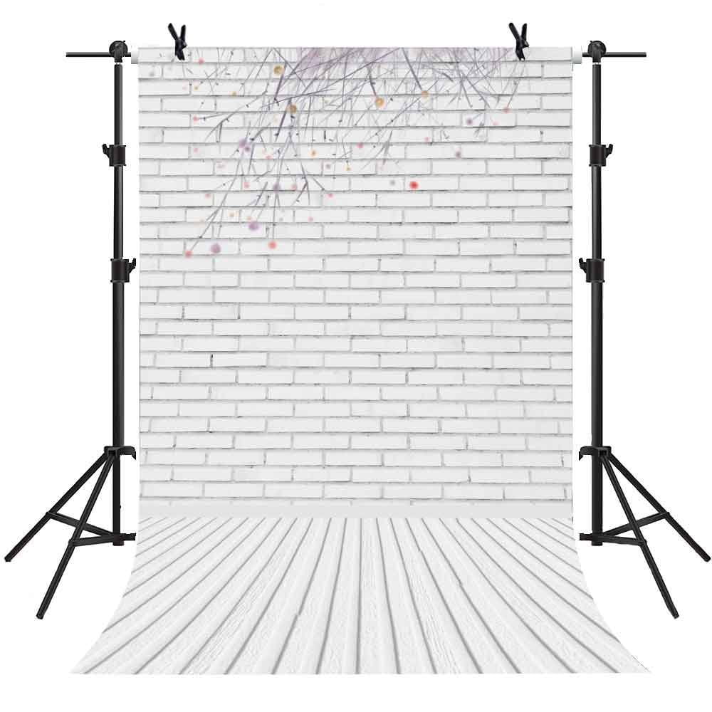 MOHome 5x7Ft White Brick Wall Backdrop Wood Floor And Flowers