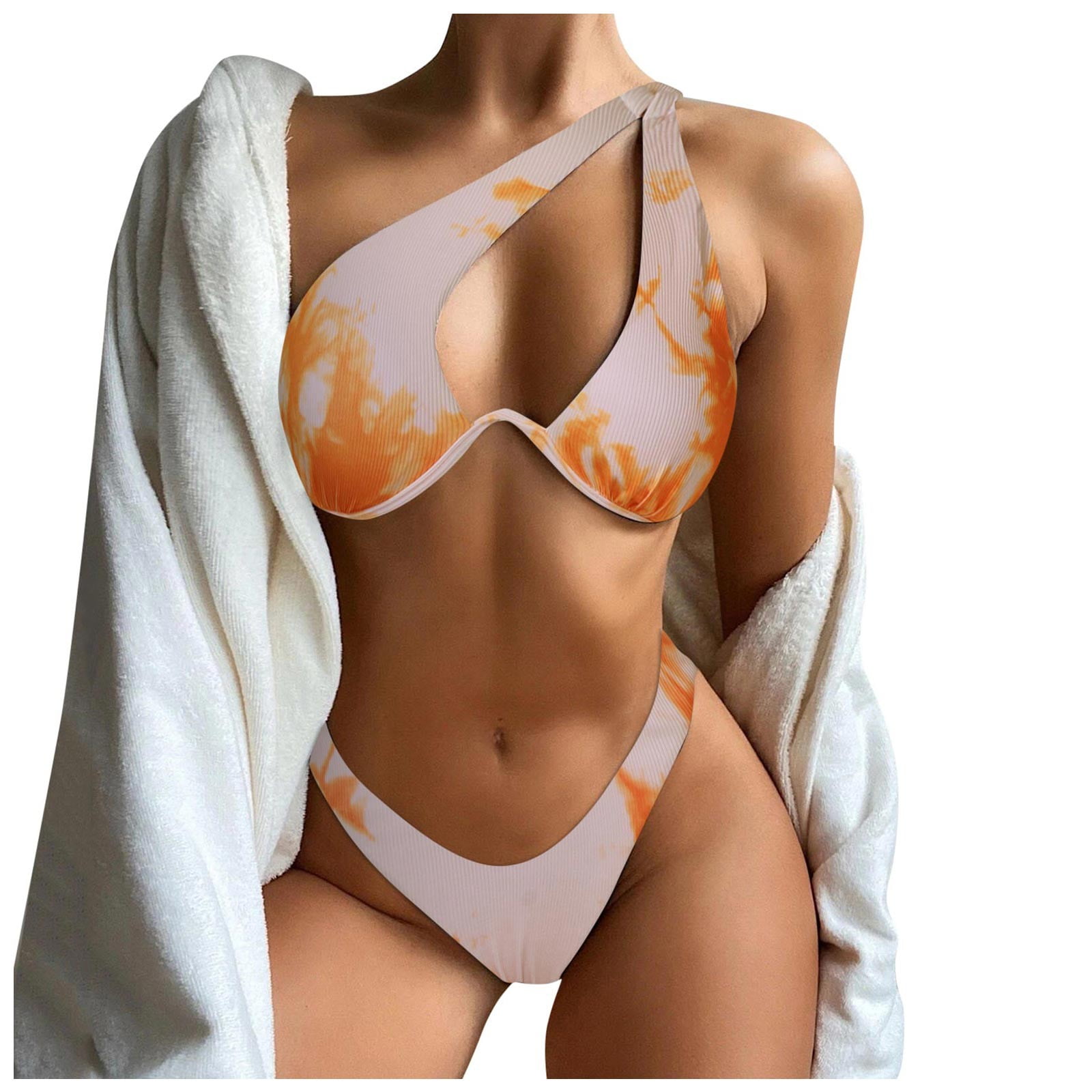 MQLKF Bikini Set For Women Solid V Neck Knot Front Push Up High Leg