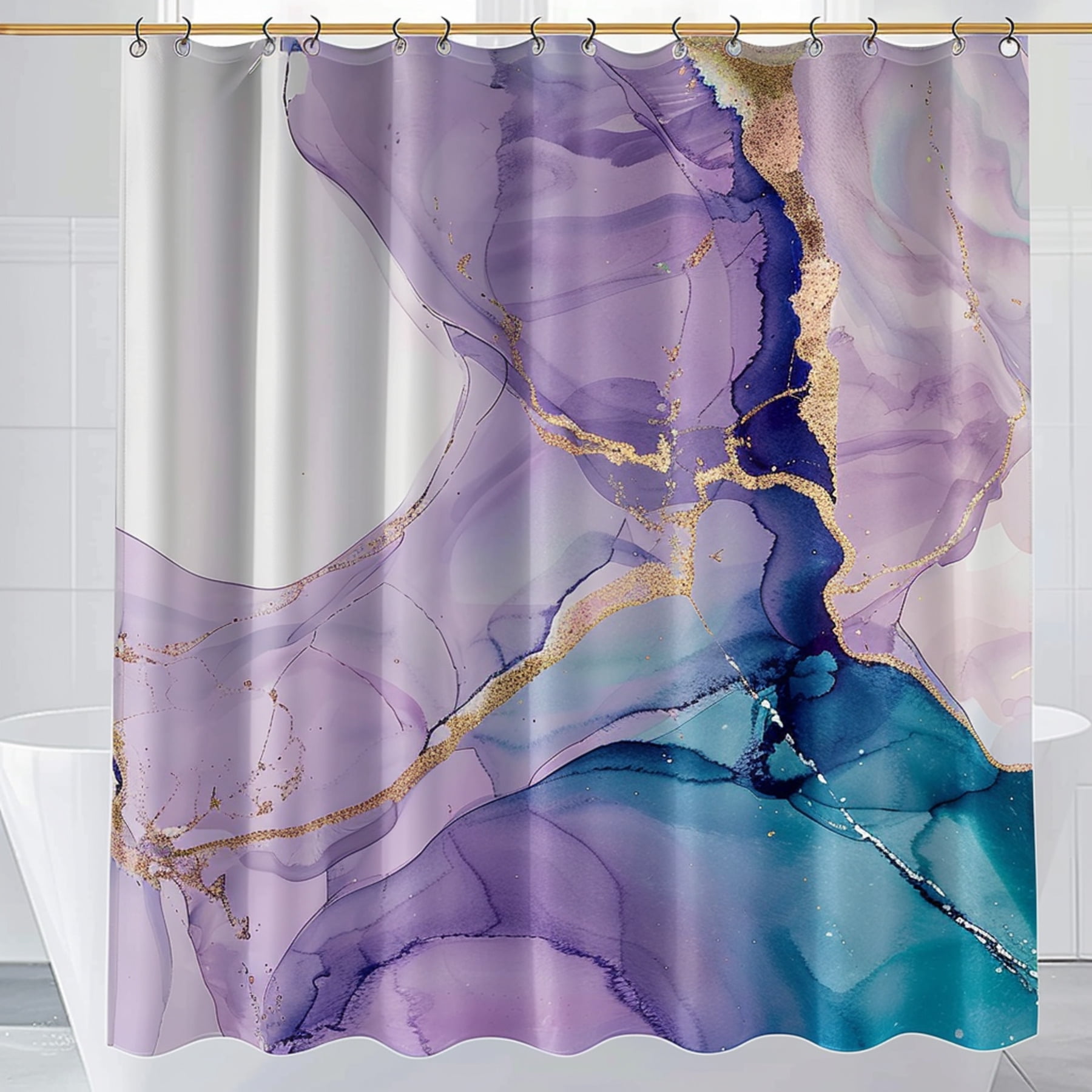 Marble Texture Shower Curtain With Gold Veins Purple Blue Watercolor