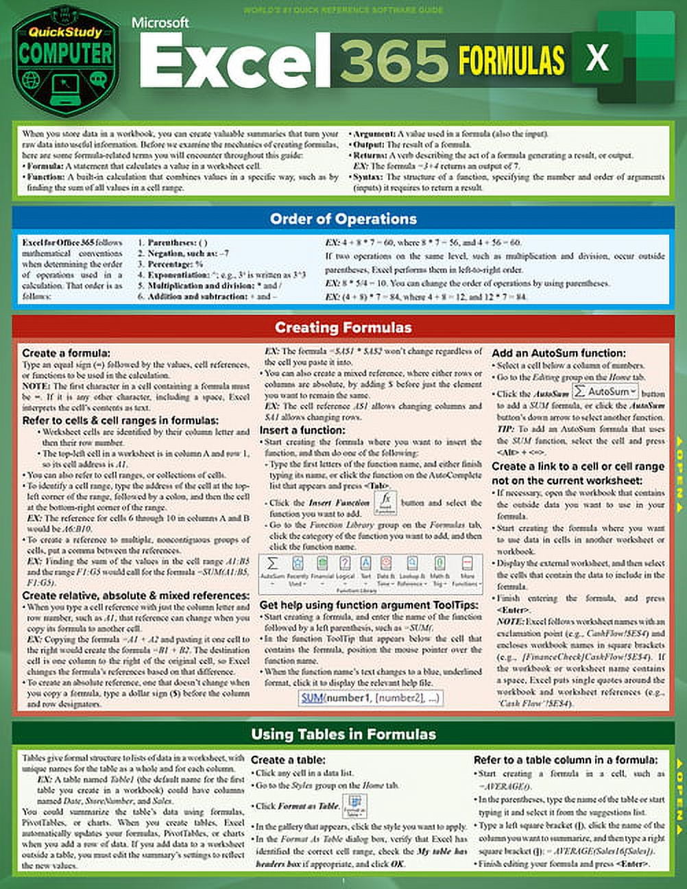 Microsoft Excel 365 Formulas A QuickStudy Laminated Reference Guide