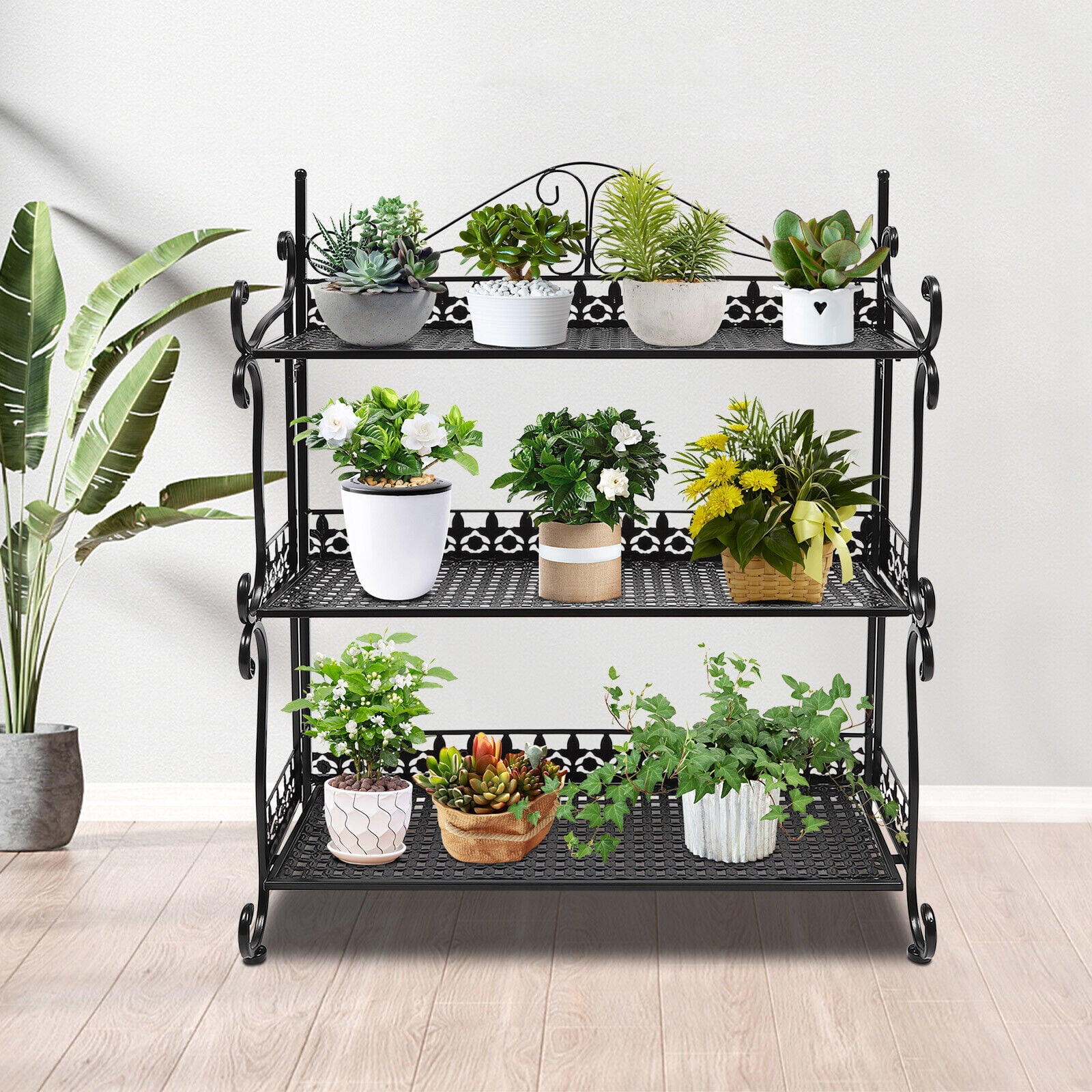 Miumaeov Black Outdoor Plant Stand Metal Plant Shelves Multi Purpose