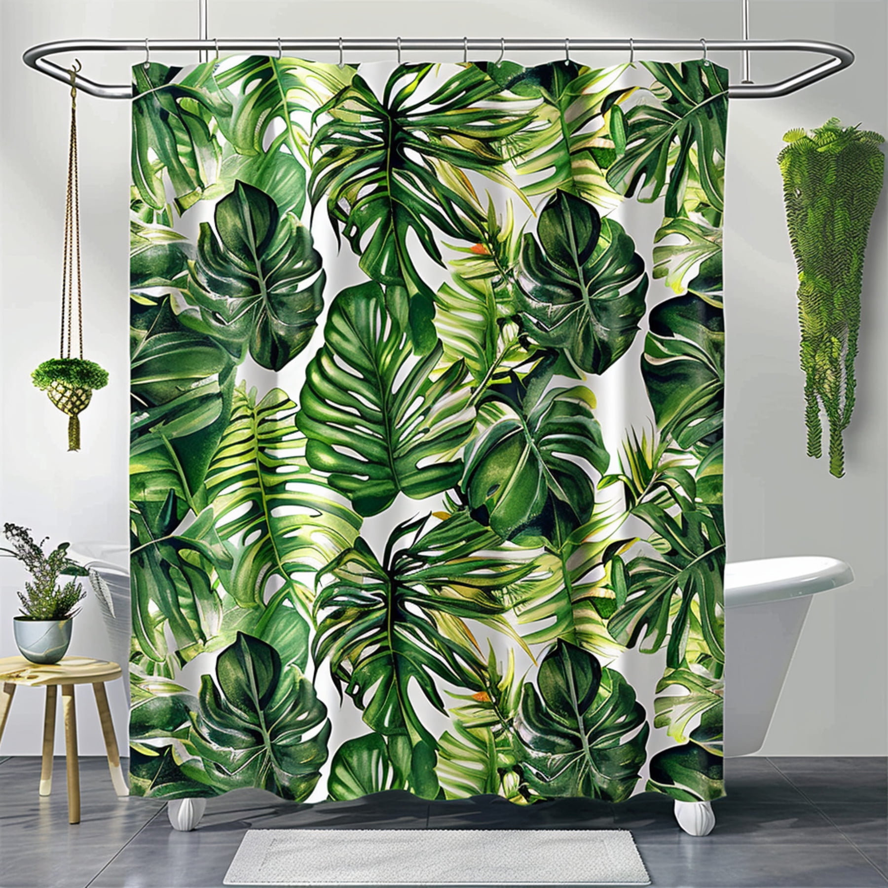 Monstera Leaf Design Tropical Rainforest Shower Curtain Green Banana