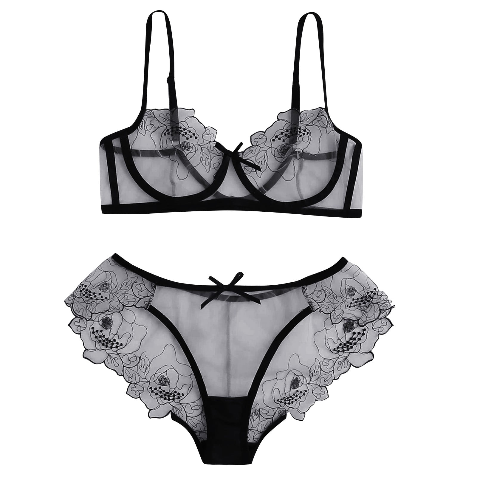 Mortilo Sheer Floral Lace Pajamas Lingerie Set High Waist Sleepwear Bra