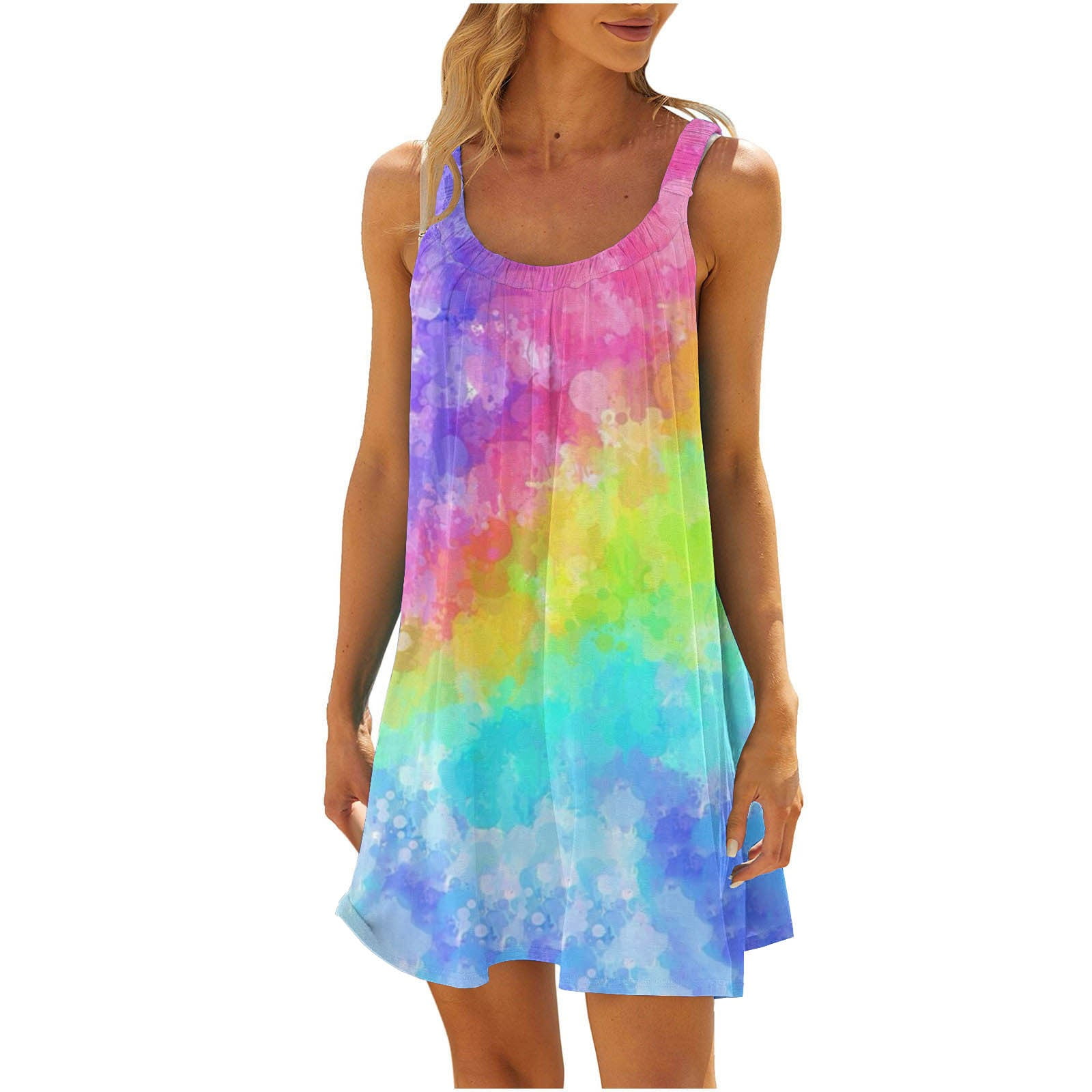 Munlar Womens Sun Dress Pink Short Sleeveless Summer Tie Dye Ruffles