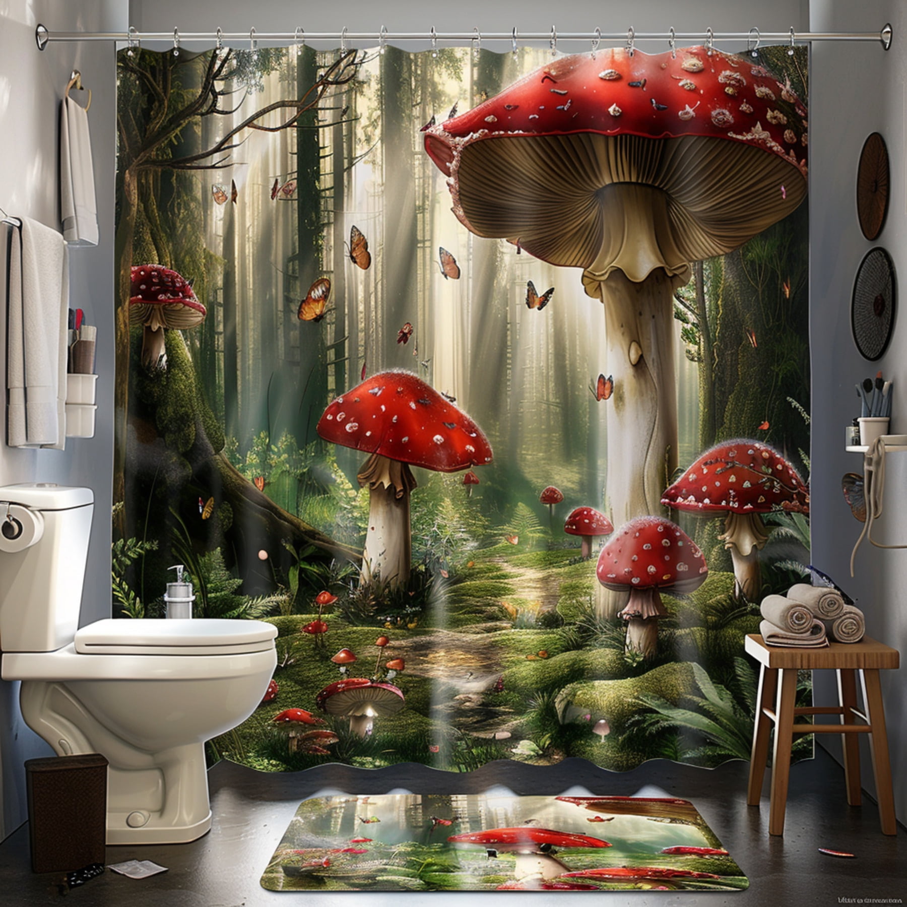 Mushroom Forest Shower Curtain Realistic Cartoon Style Bathroom Decor