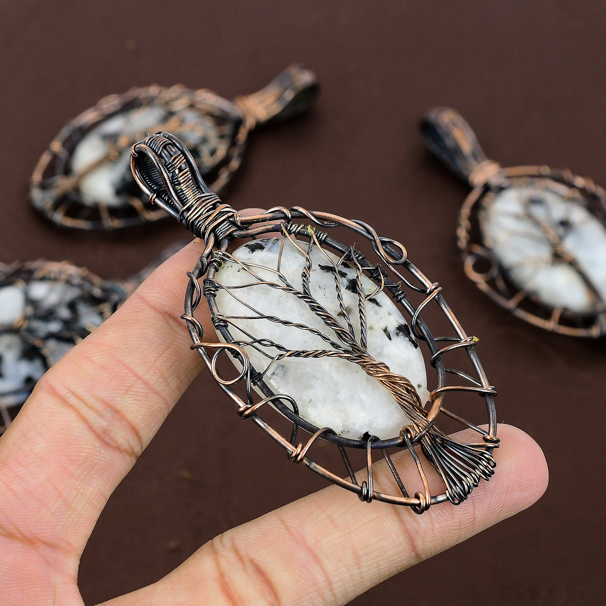 Natural Rainbow Moonstone Stone Copper Wire Wrap Tree Of Life Pendant 3