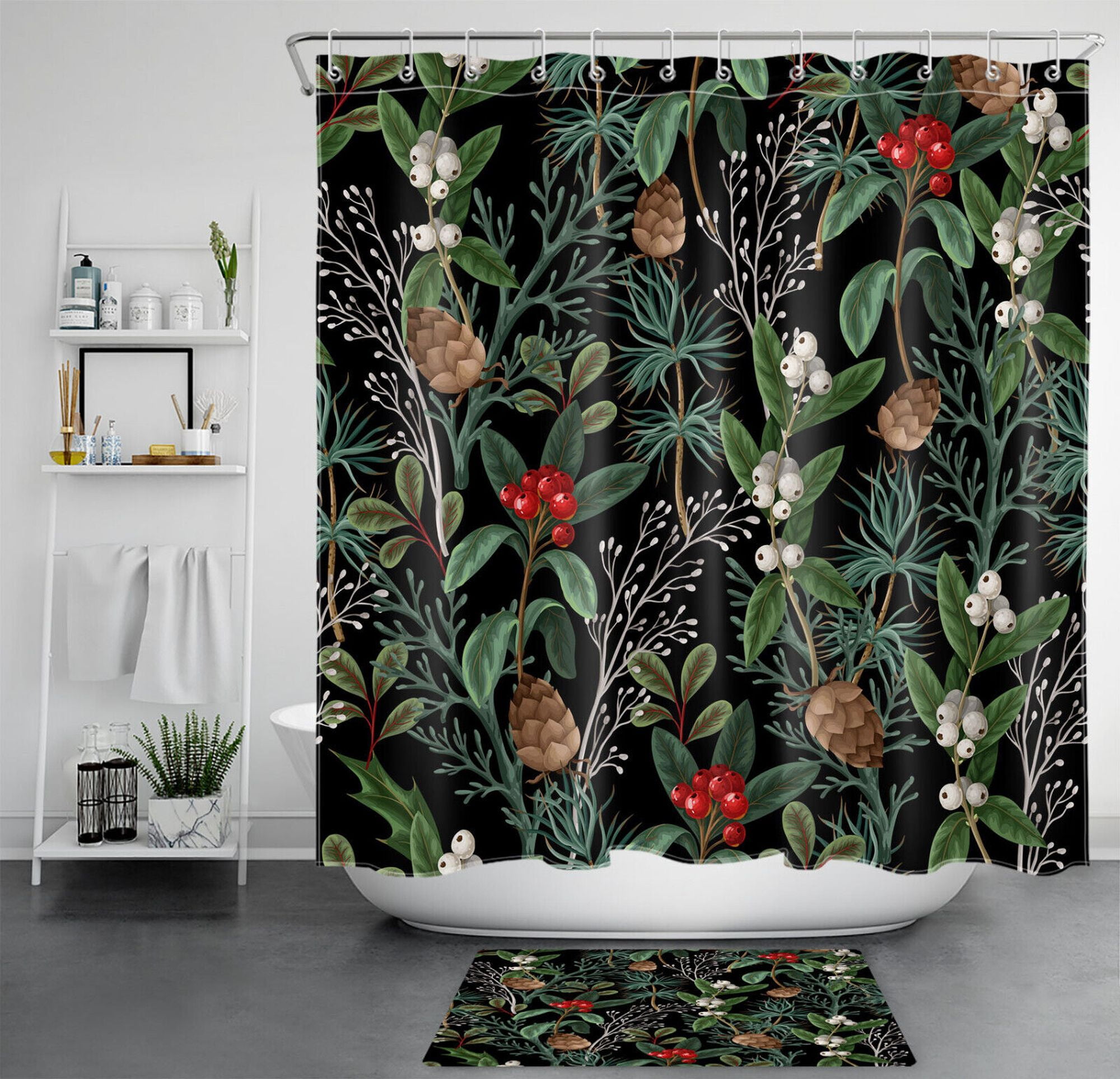 Nature Inspired Elegant Black Shower Curtain With Green Leaves And Red