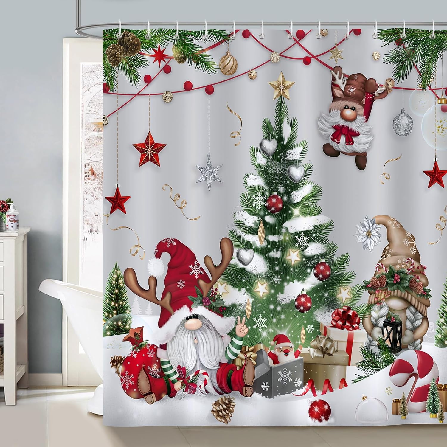 Newhomestyle Christmas Gnomes Shower Curtain Xmas Tree Balls Gift Boxes