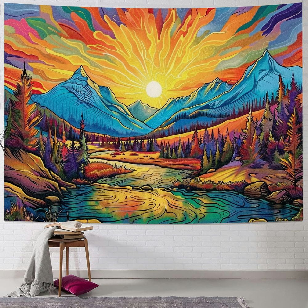 Onetech Sun Mountain Tapestry Trippy Forest Tree Tapestry Vintage