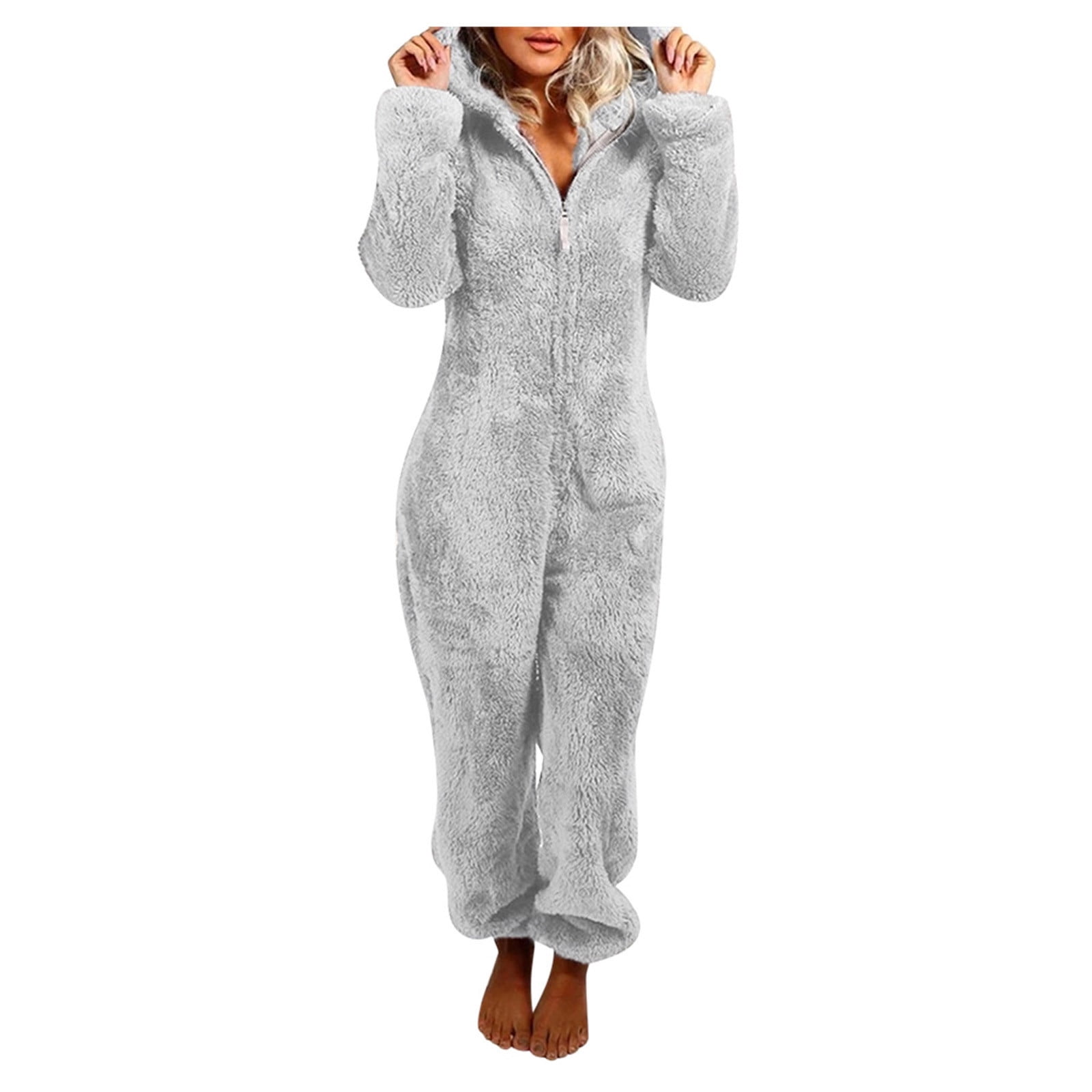 Onesie For Women Sexy Furry Trim Deep V Neck Fleece Hooded Pajamas