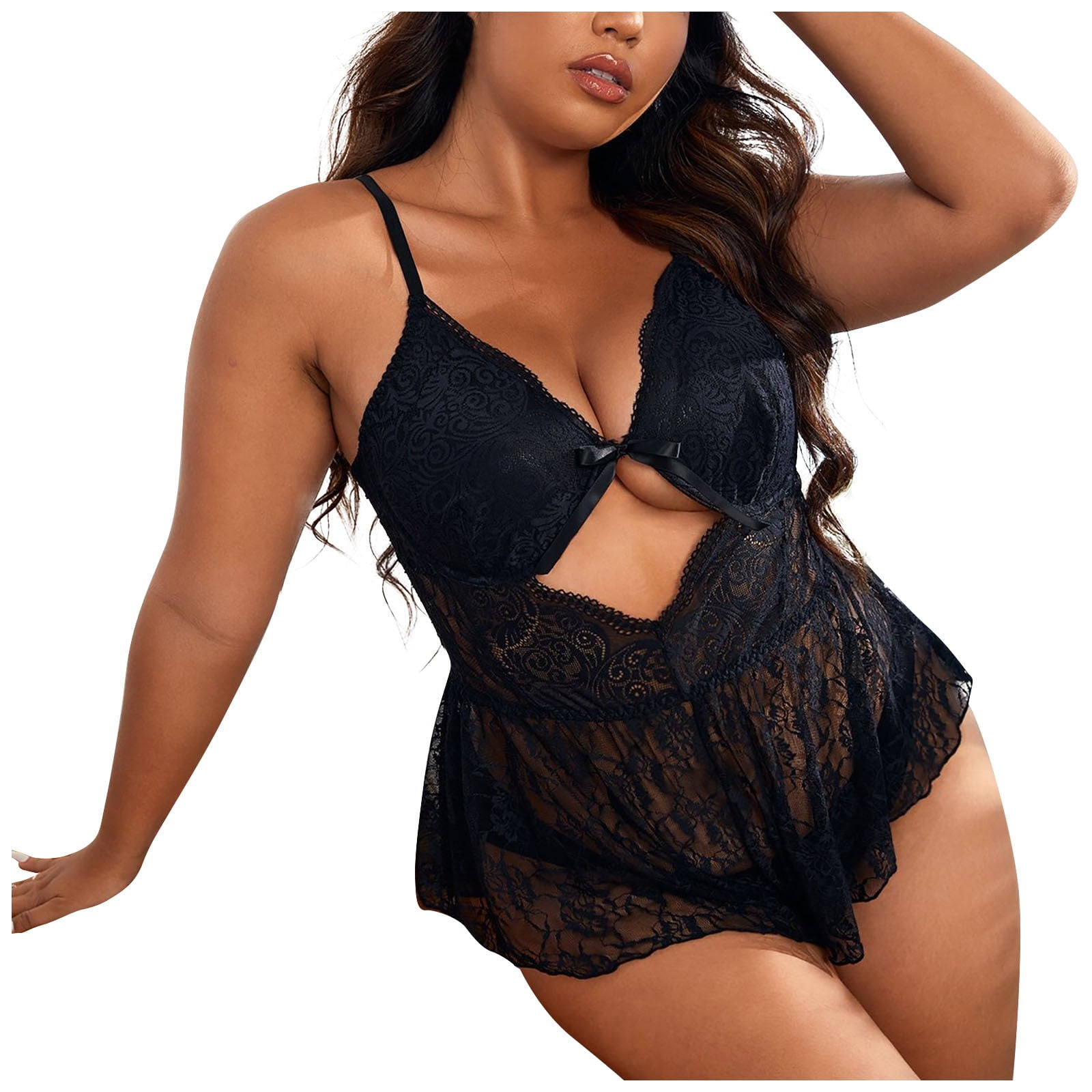 POTETI Black Lingerie For Women Sexy Plus Size Mesh Sleepwear See