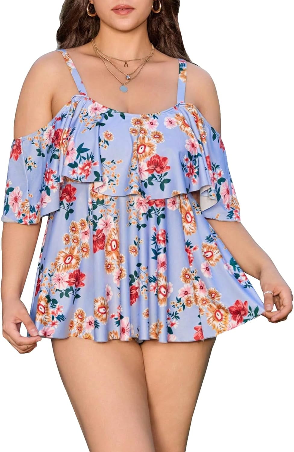 Plus Size 2 Piece Tankini Floral Print Swimsuit Ruffle Trim Bikini Set