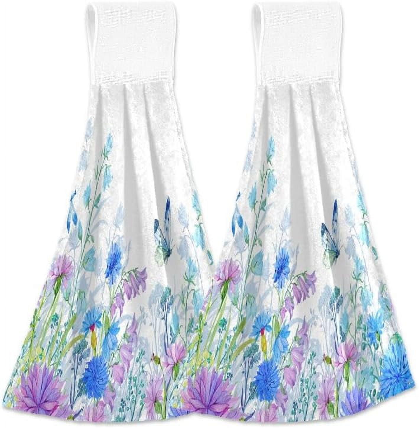 Purple Poppy Flowers Kitchen Hanging Towels Spring Watercolor Hand Tie