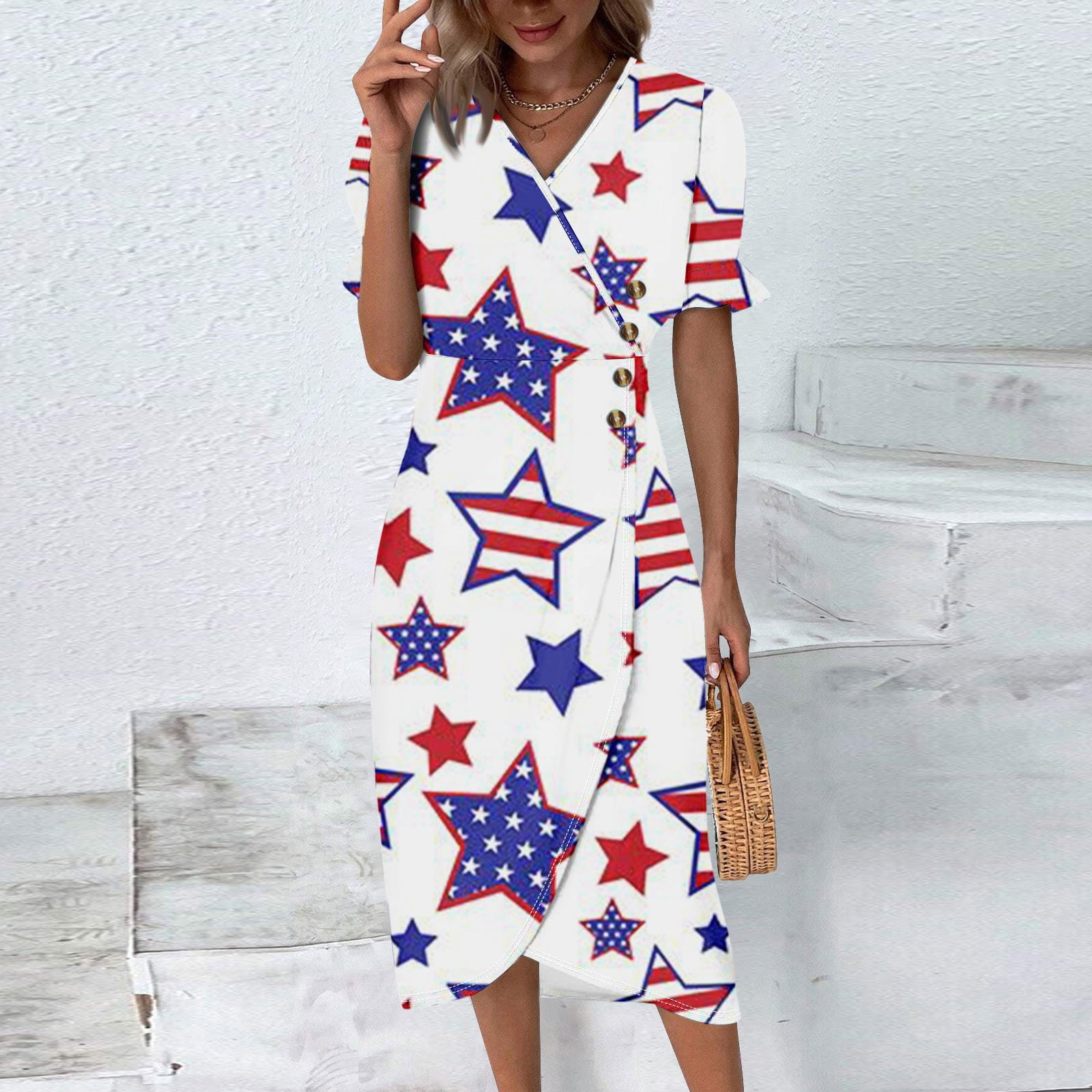 Qcmgmg Girls Patriotic Dresses Short Sleeve Independence Day Stars