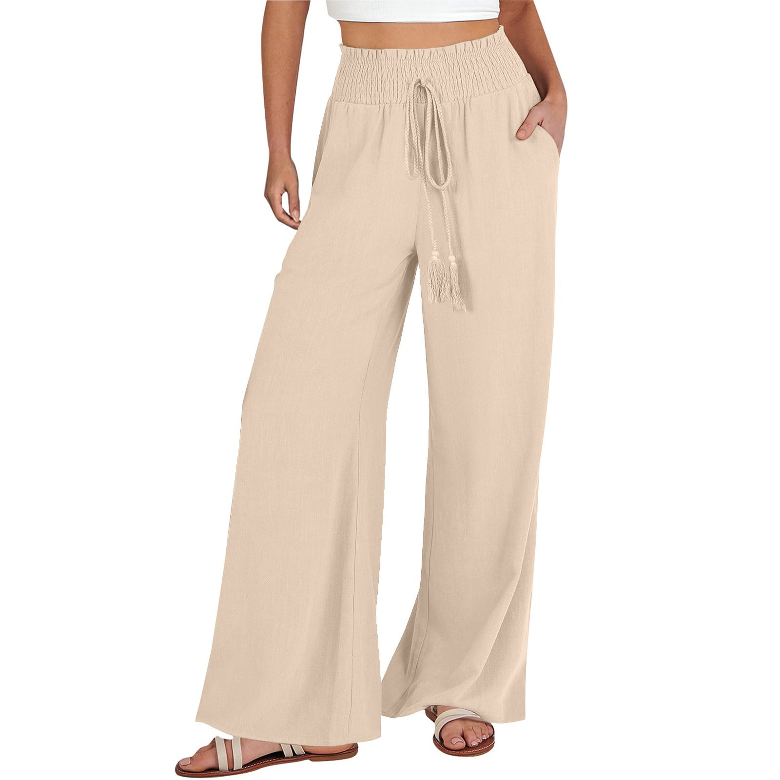 Qcmgmg Wide Leg Linen Pants For Women Elastic Drawstring Waist Loose