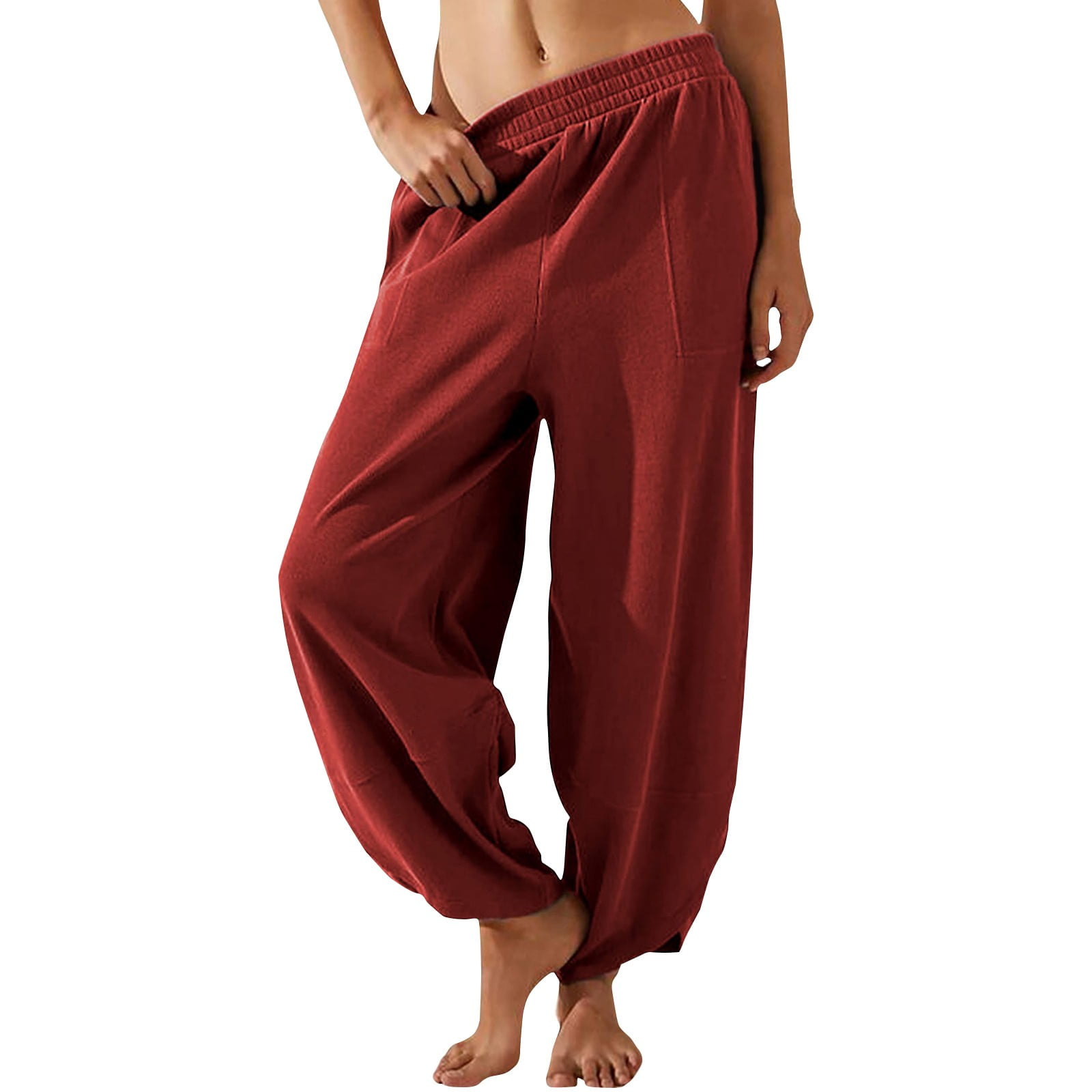 Qcmgmg Womens Baggy Wide Leg Pants Cotton Elastic Waisted Loose Palazzo