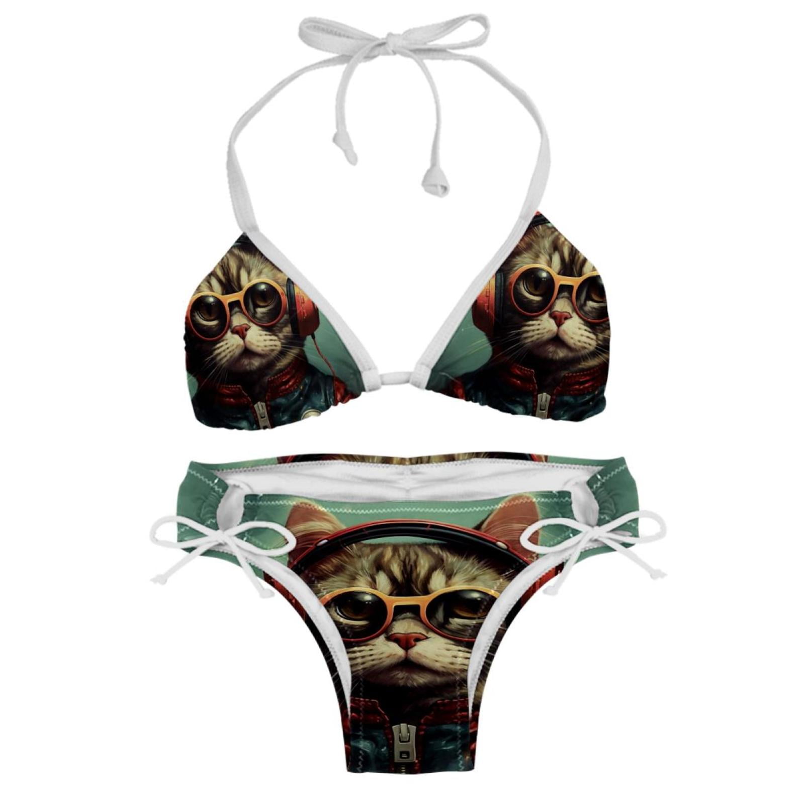 Retro Cat Chic One Piece Swimsuits Bikini Set Detachable Sponge