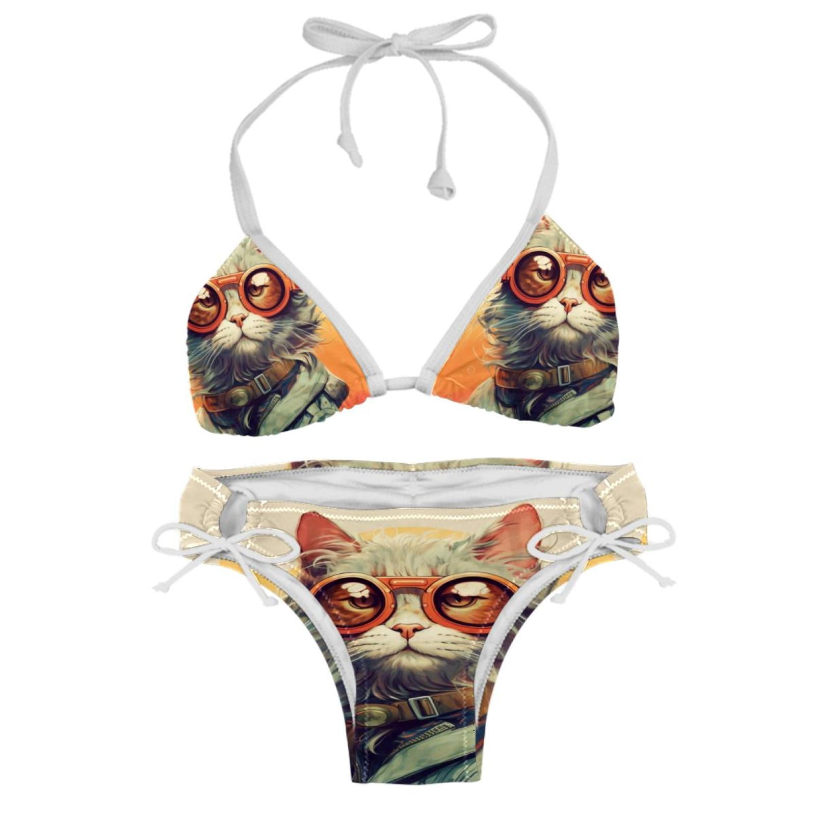 Retro Cat Detachable Sponge Adjustable Strap Bikini Set Two Pack