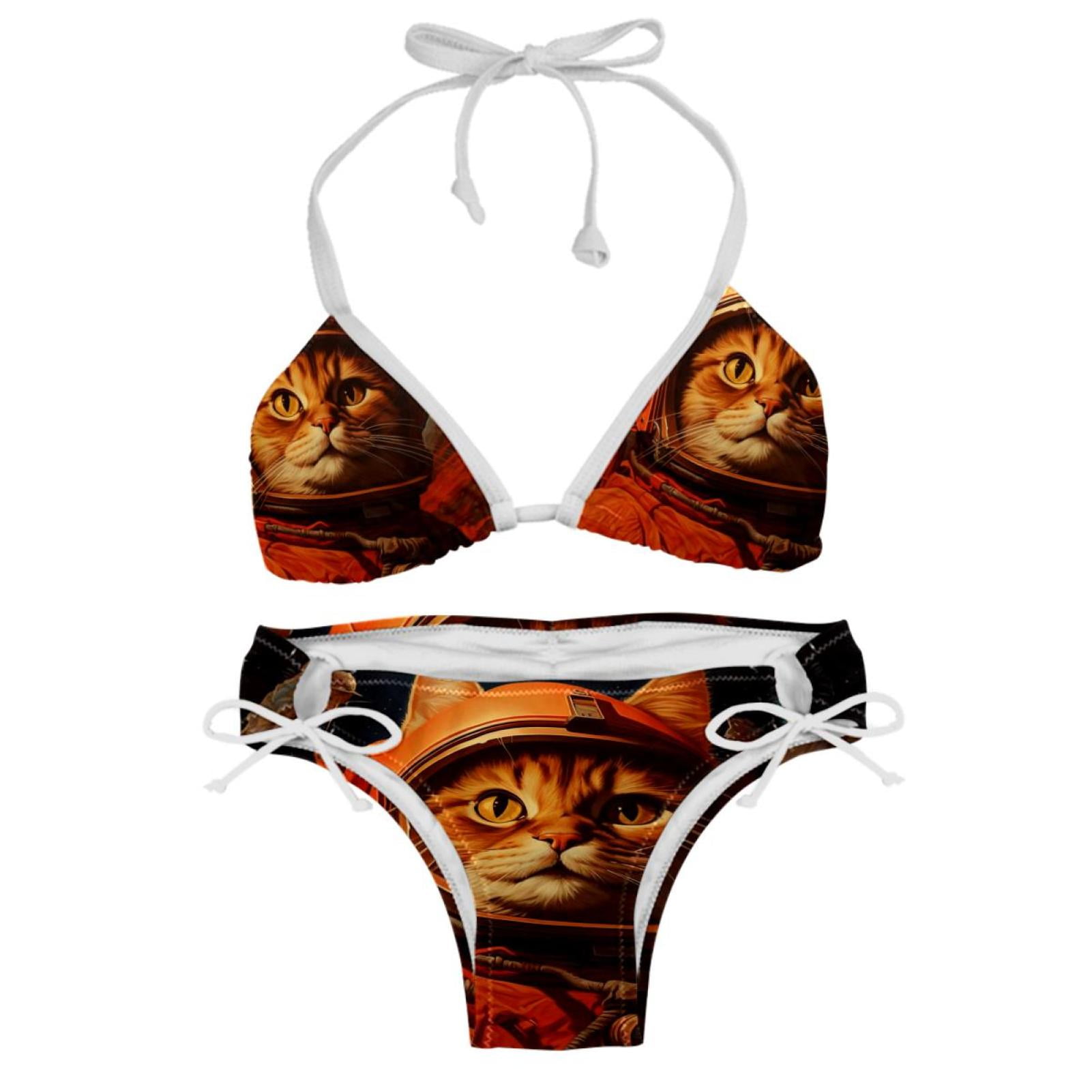 Retro Cat Detachable Sponge Adjustable Strap Bikini Set Two Pack