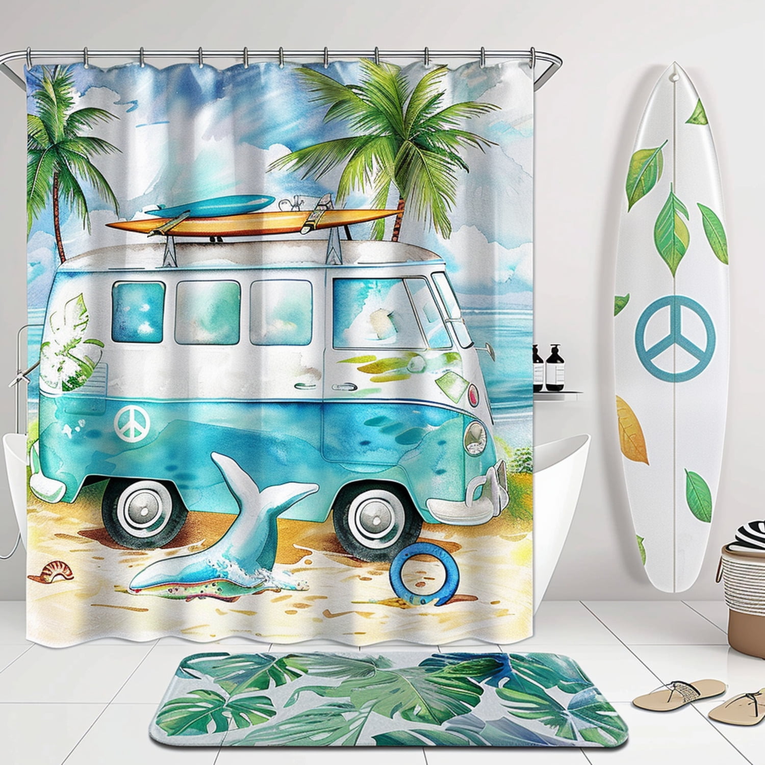 Retro Van Beach Vibes Bathroom Decor Set With Watercolor Whale