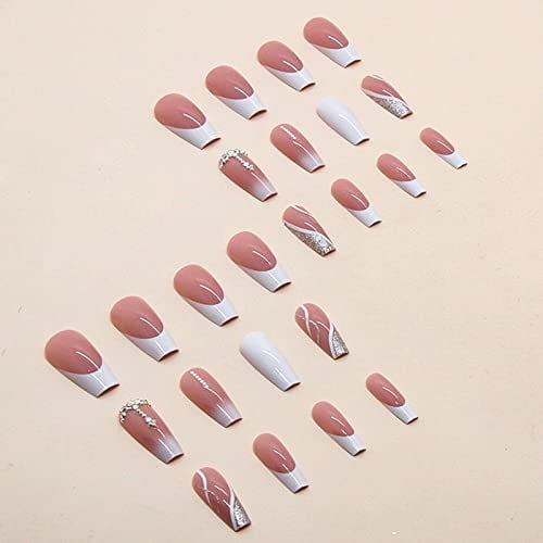 Shnwu French Tip Press On Nails Medium Coffin Fake Nails With Luxury